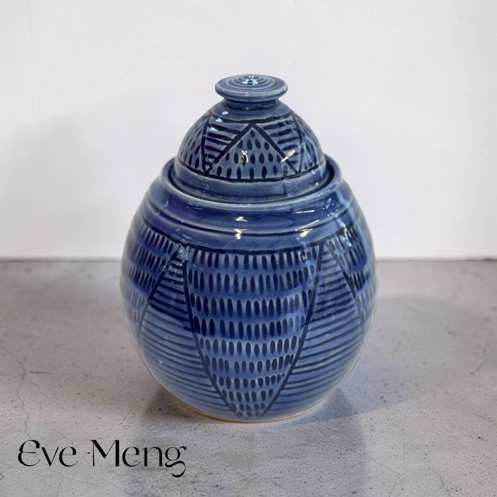 Eve Meng's blue lidded vase at the Gallery in Clayworks, Hamilton MT.jpg
