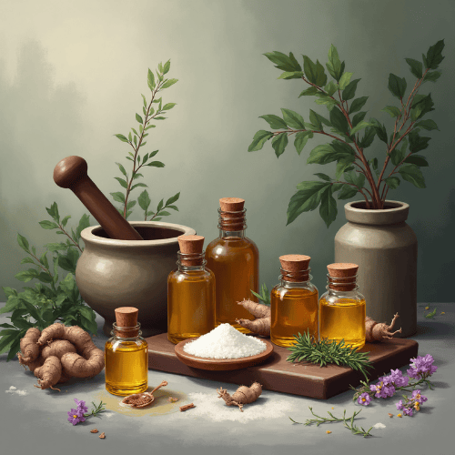 Botanical skincare ingredients with herbal oils, ginger root, fresh herbs, and mortar and pestle—clean beauty and holistic wellness inspired by Ayurveda and Western herbalism.