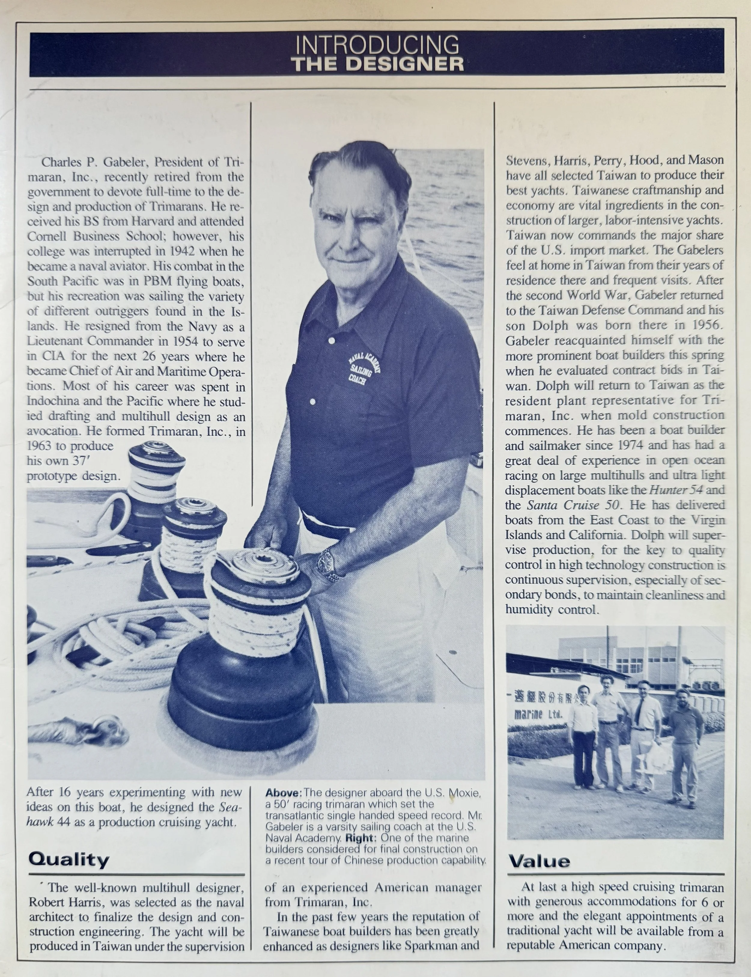 Magazine page featuring a black and white photo of a smiling man in a polo shirt, likely Charles P. Gabeler, with text about his background in naval aviation and trimaran design. The page also includes images of boat-building elements and additional text on Quality and Value related to trimaran production.