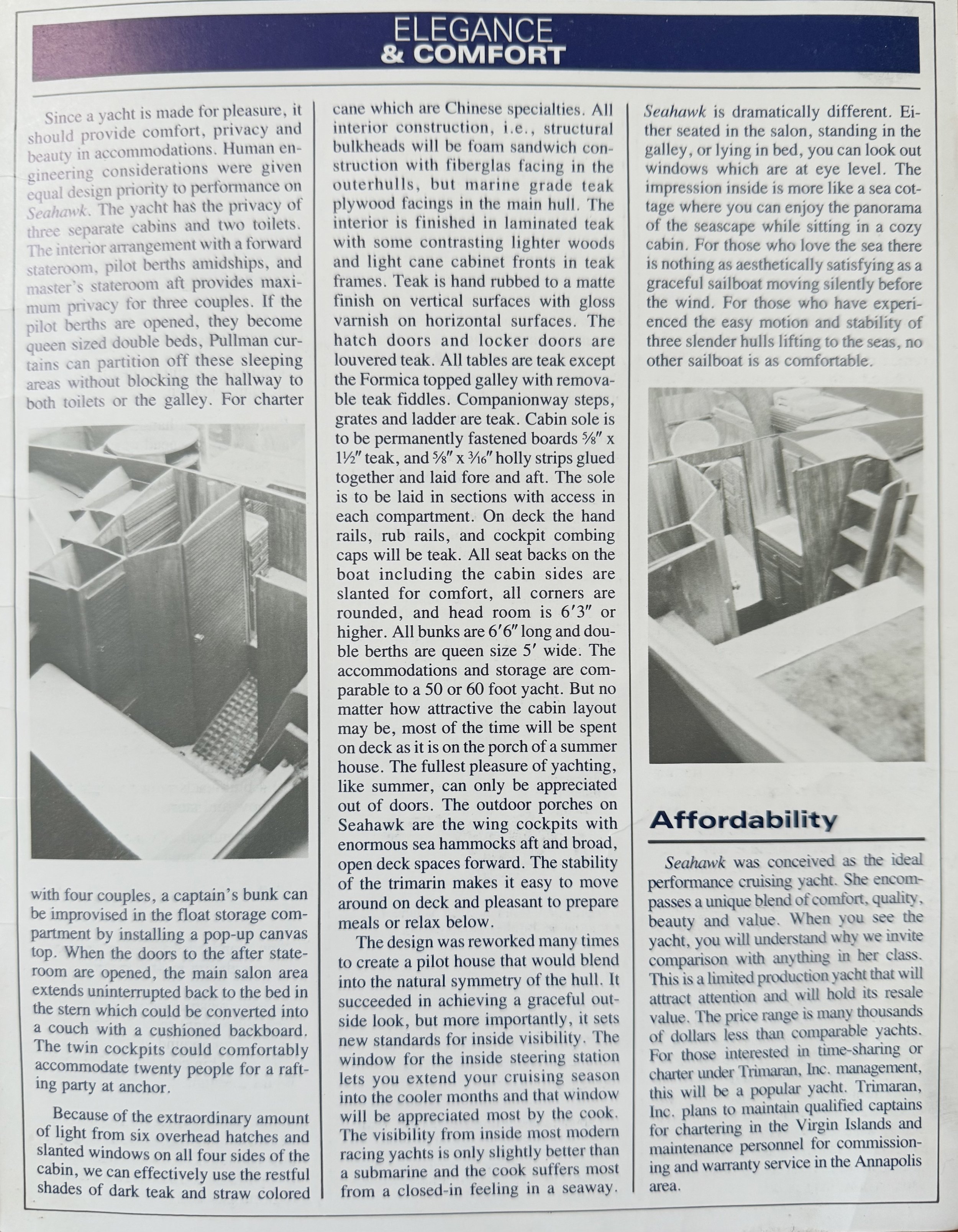 Magazine page discussing yacht design, comfort, and affordability, featuring two black and white photos and text detailing the interior layout, construction materials, and design philosophy of a yacht called Seahawk.