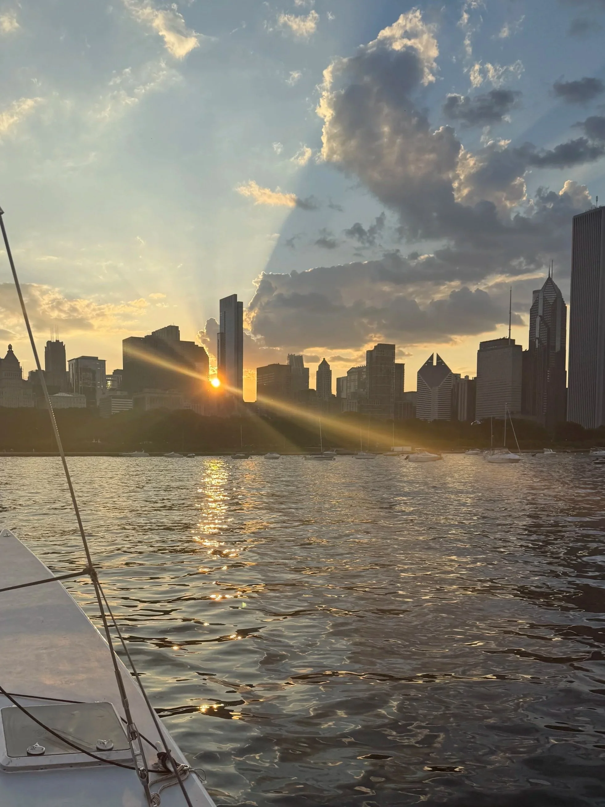 chicago skyline as seen from the boat at golden hour