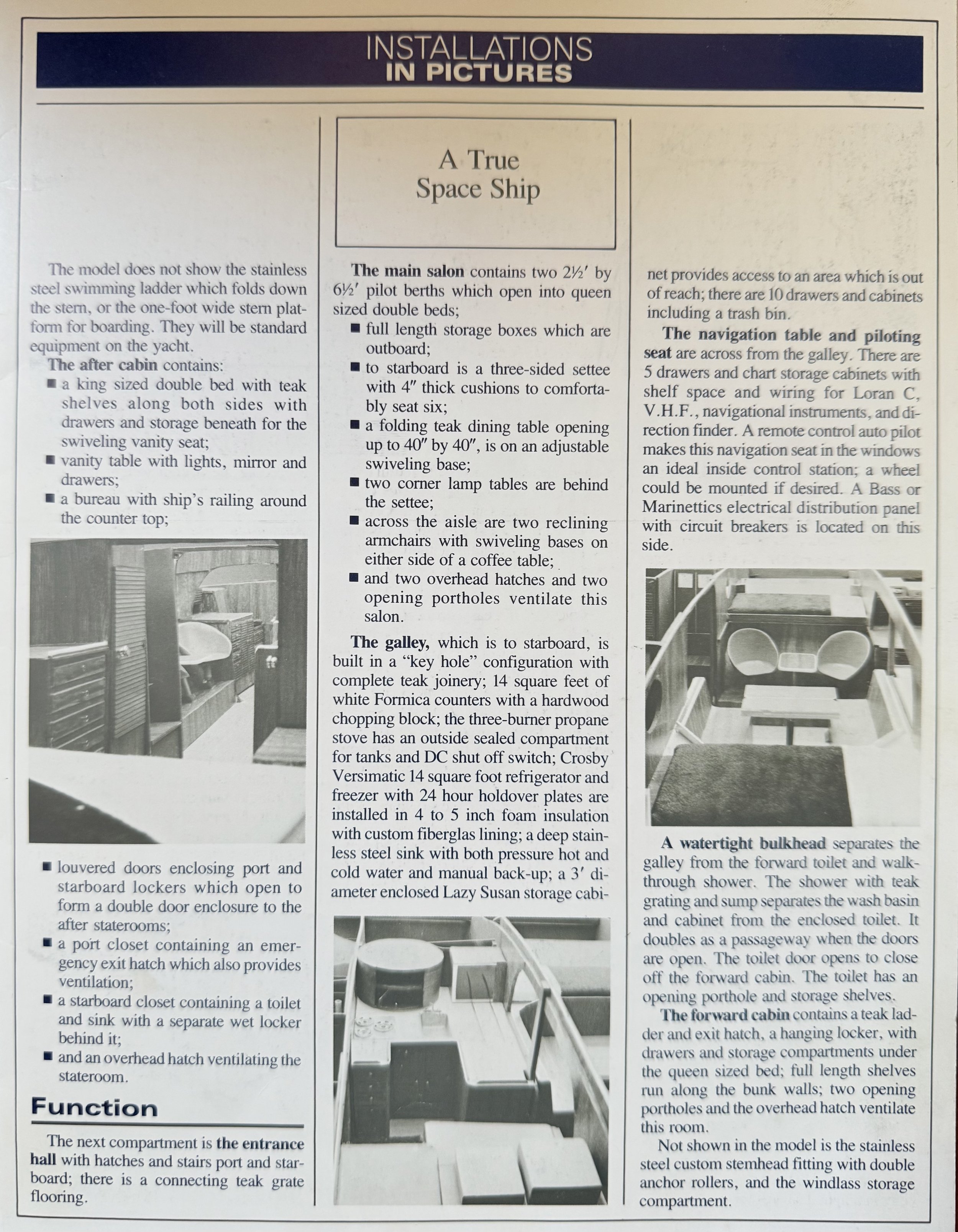 Magazine page featuring yacht installation details, titled "A True Space Ship." It describes the main salon, galley, and forward cabin. Includes photos of yacht interiors and layout features such as pilot berths, dining tables, galley appliances, a watertight bulkhead, and storage areas. Text sections provide detailed descriptions of amenities and design elements.