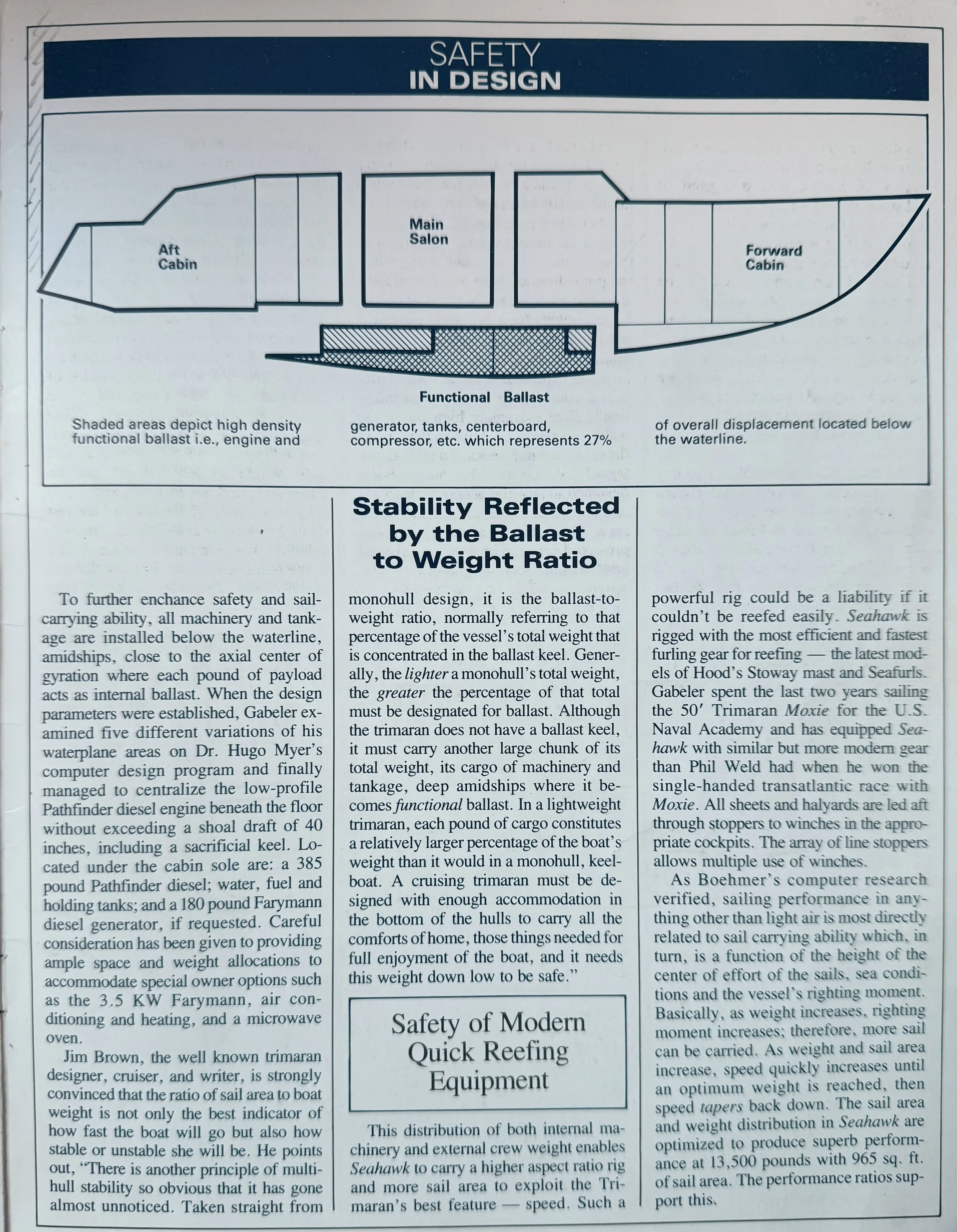 Diagram and text on boat design safety, highlighting ballast distribution, with sections labeled aft cabin, main salon, forward cabin, and functional ballast. Accompanied by text on stability and equipment.