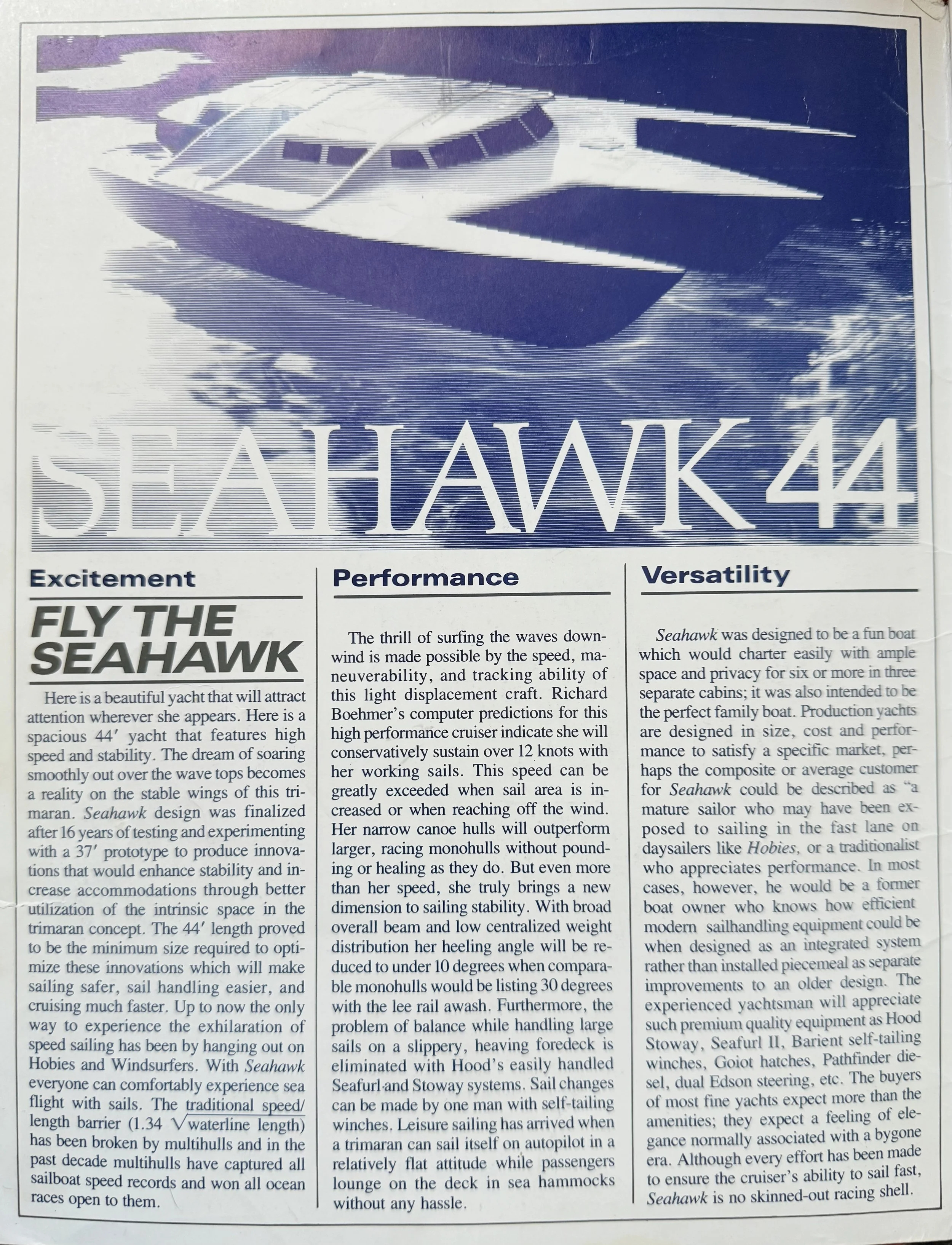 Seahawk 44 advertisement page featuring a yacht in water, with sections on excitement, performance, and versatility of the boat