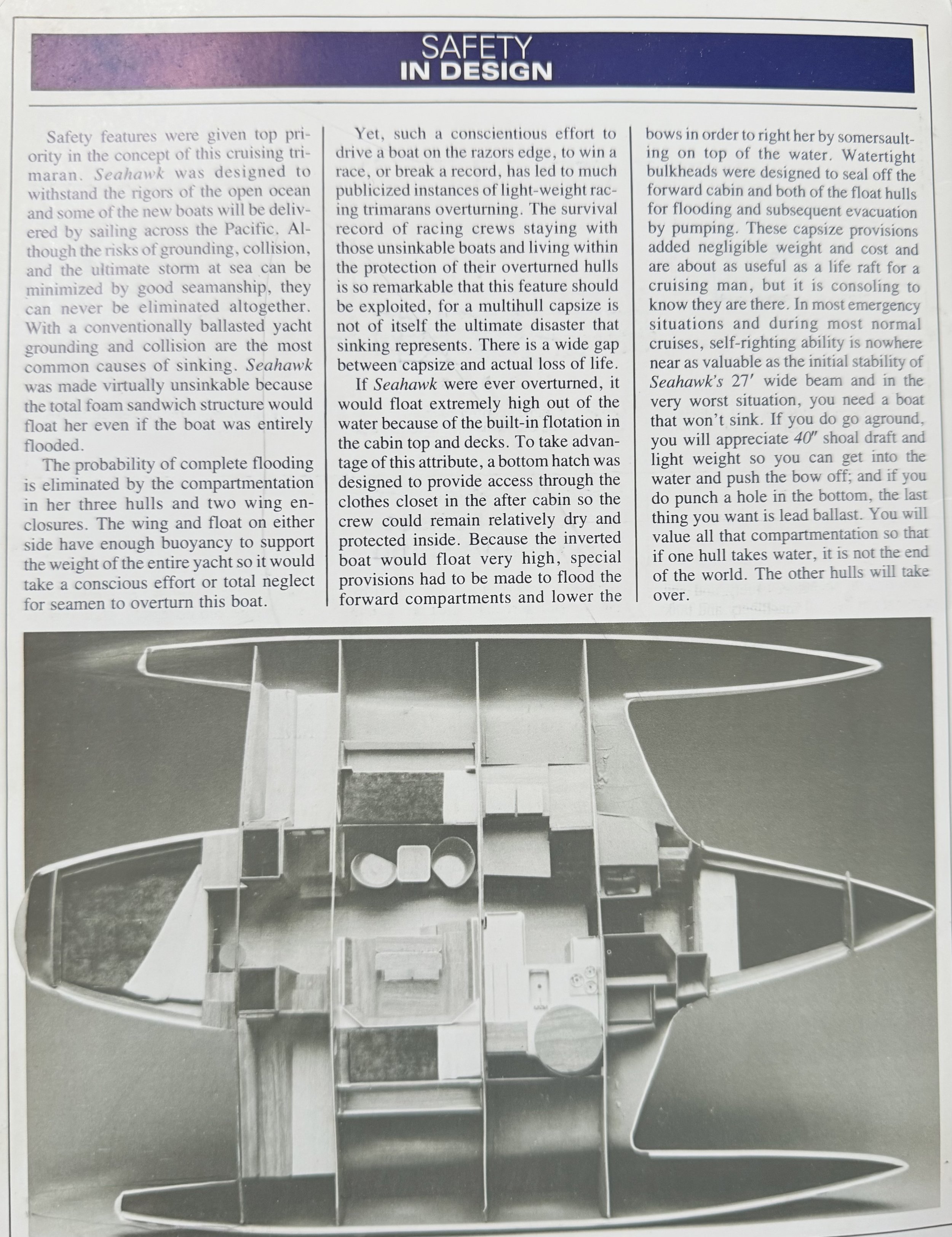 Magazine page titled 'Safety in Design' featuring an article about the design and safety features of a trimaran named Seahawk. The article discusses the boat's unsinkable design and flood prevention features. Below the text is a black and white image of a trimaran’s interior layout, showcasing compartments and structural design.
