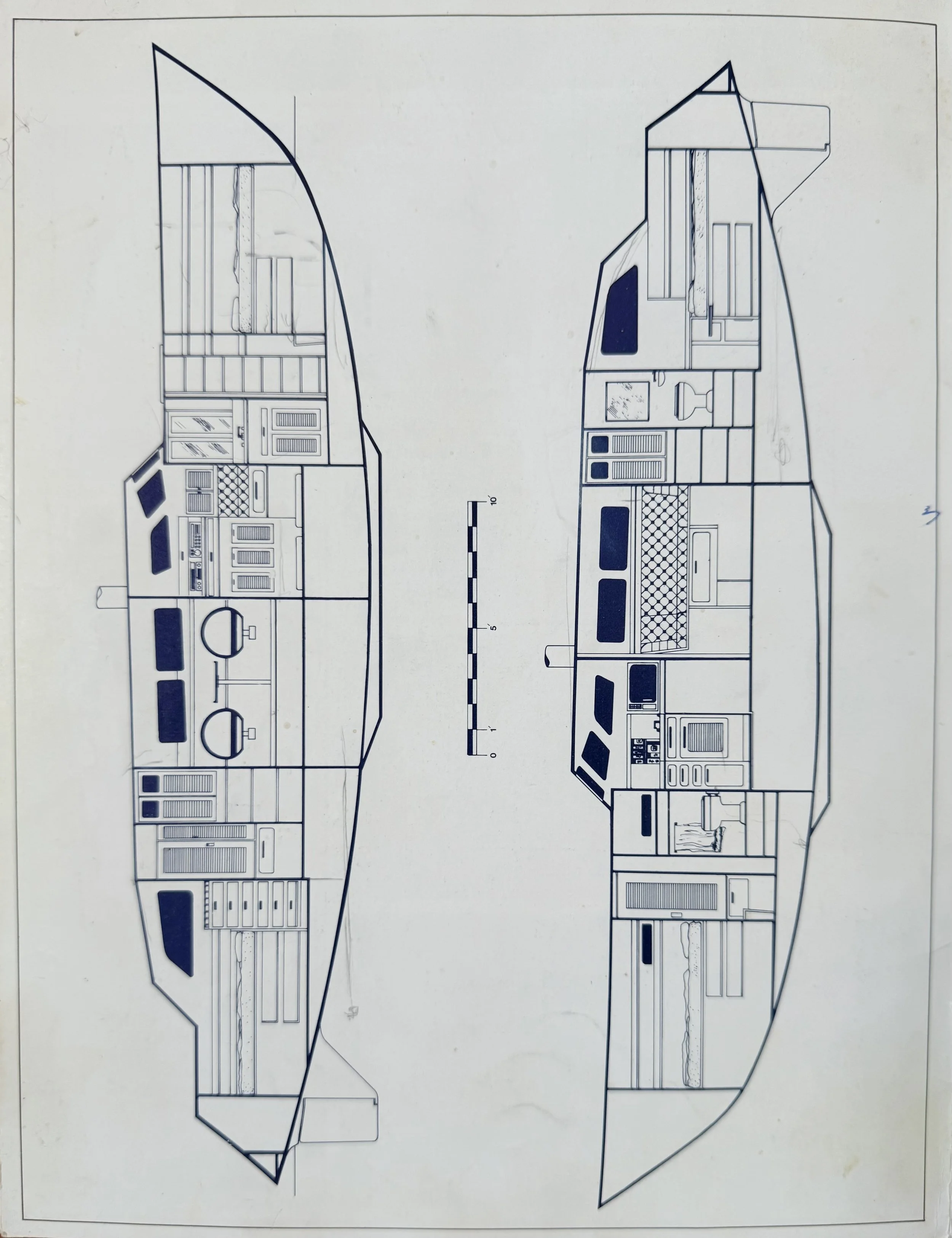 Blueprint of a boat's interior layout with rooms, furniture, and fixtures.