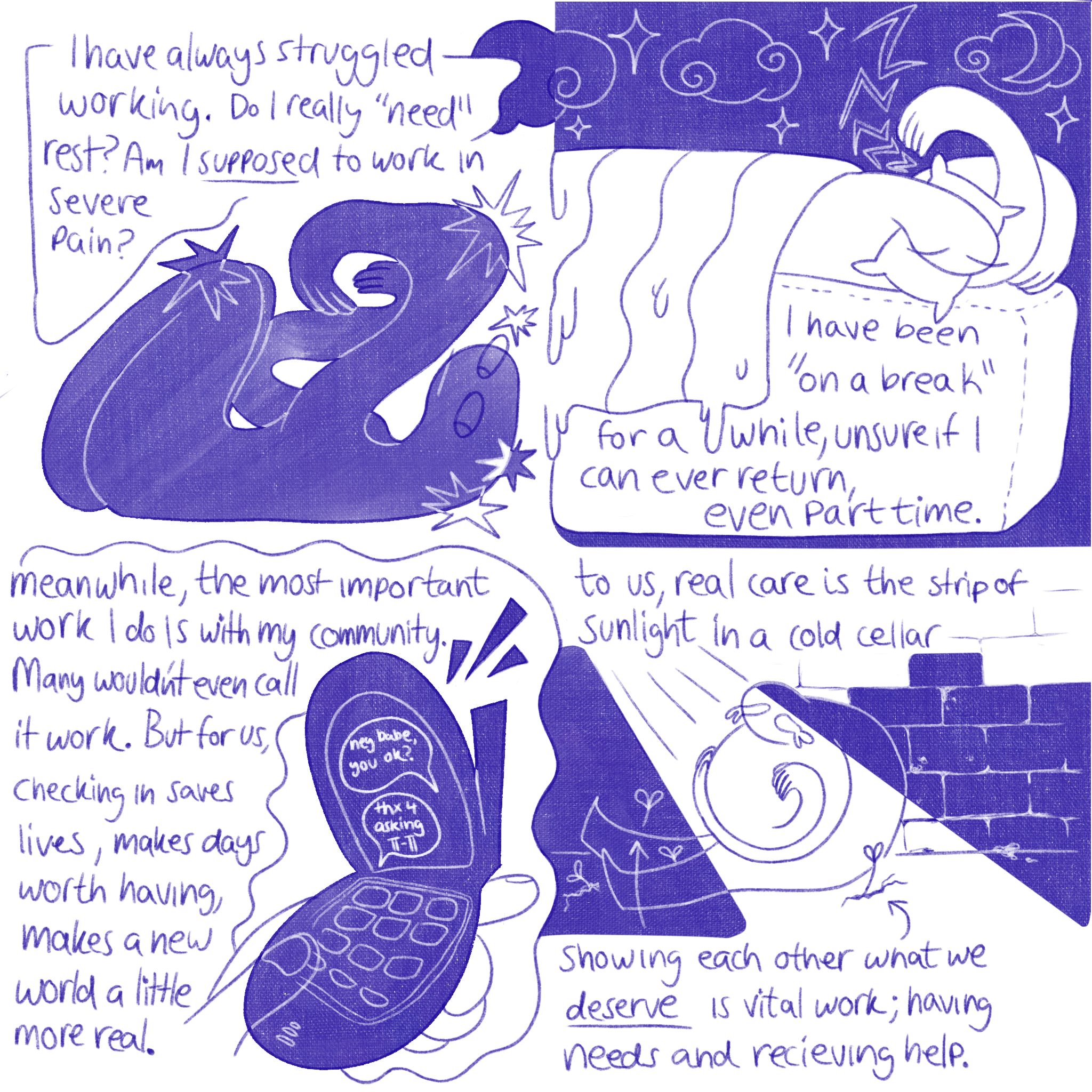 A four-panel illustrative art piece with purple text and drawings on a white background, titled “Sunlight in a Cold Cellar.”
