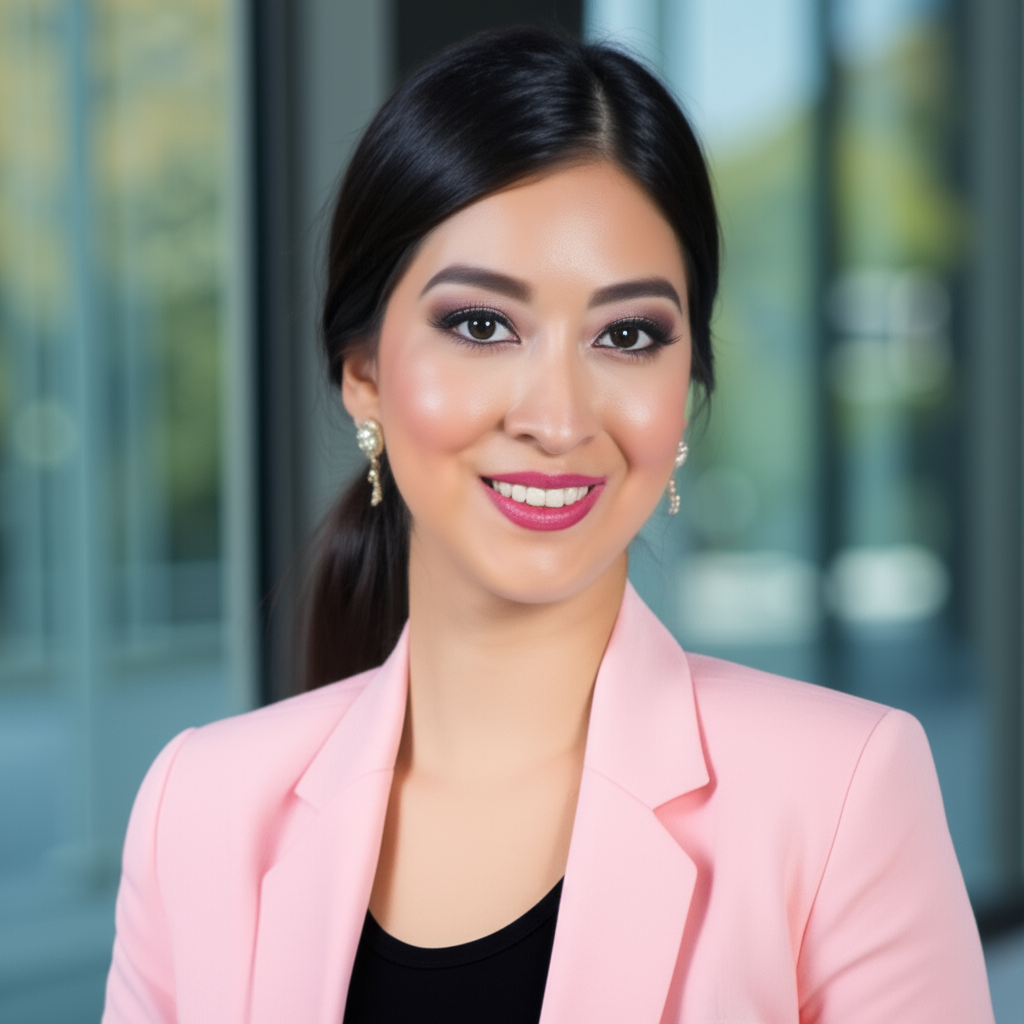 Vanessa Caraveo, a woman with olive skin and dark hair in a sleek low ponytail, smiles softly at the camera. She wears a light pink blazer over a black top against a green and gray abstract background.