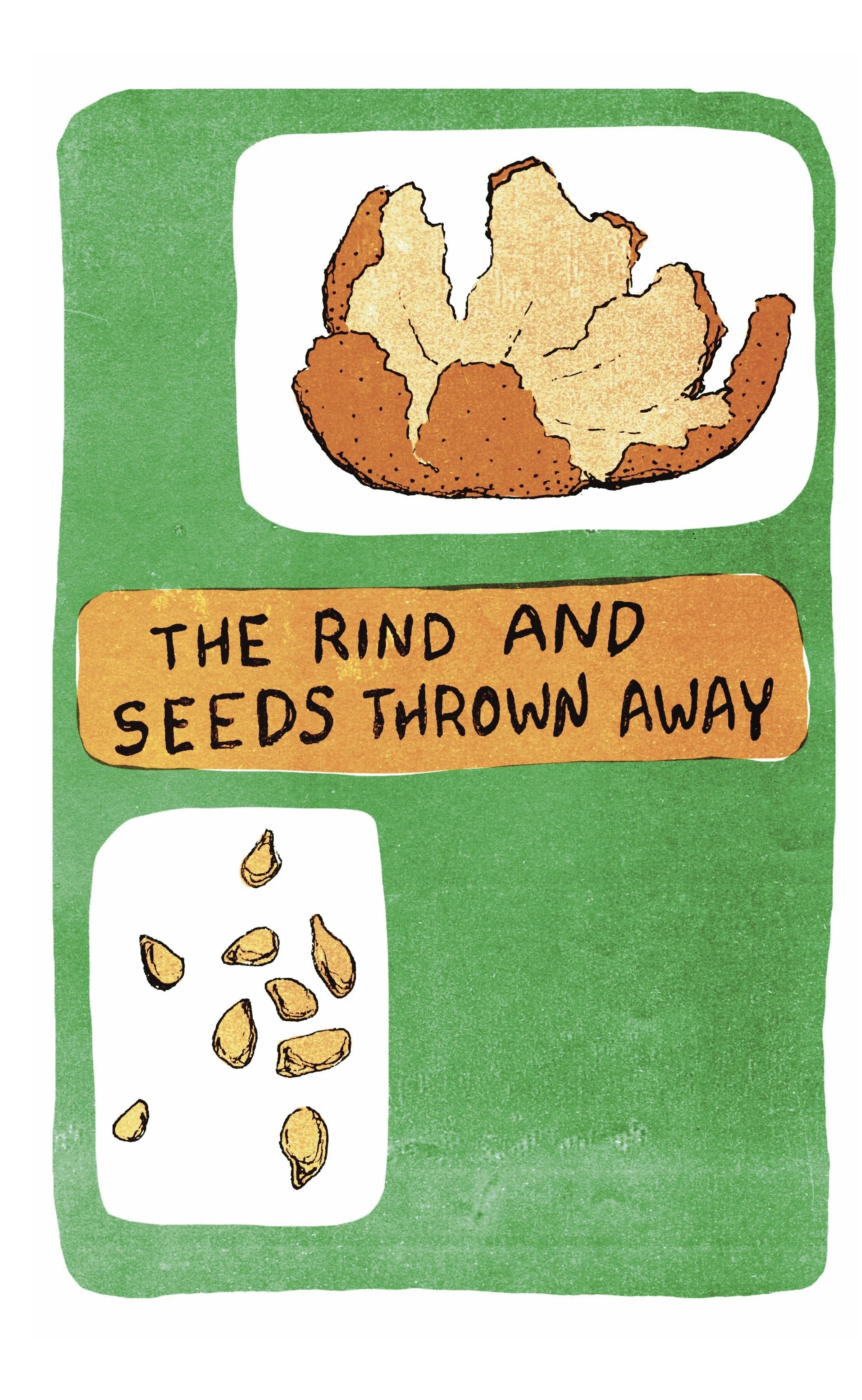  The top illustration depicts an empty orange peel. The bottom image shows many scattered&nbsp; orange seeds. “The rind and seeds thrown away.” 