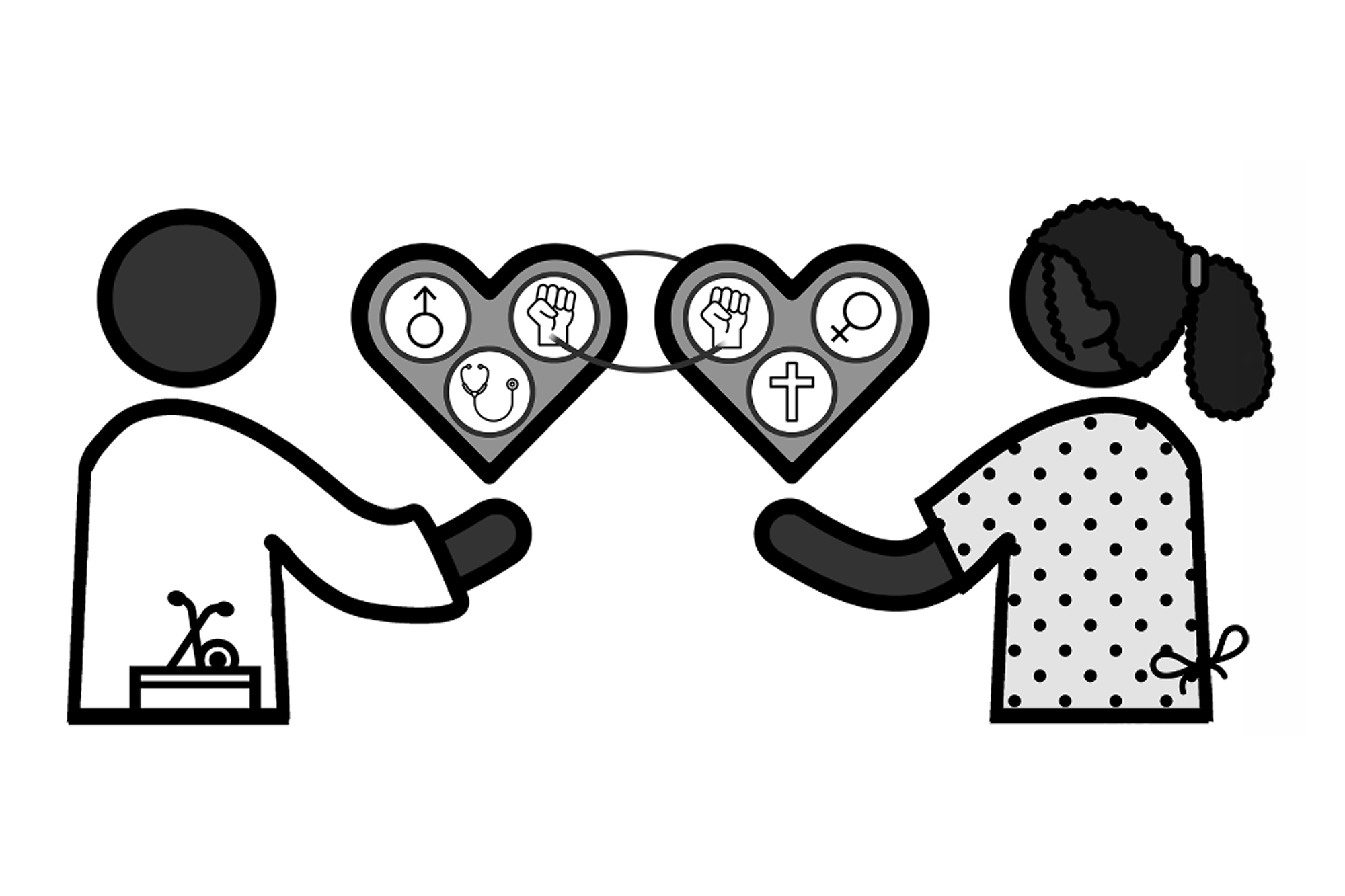 Cartoon of two people holding hearts with symbols. One heart has a black fist, male symbol, and stethoscope; the other has a black fist, female symbol, and cross. Lines connect the black fists.