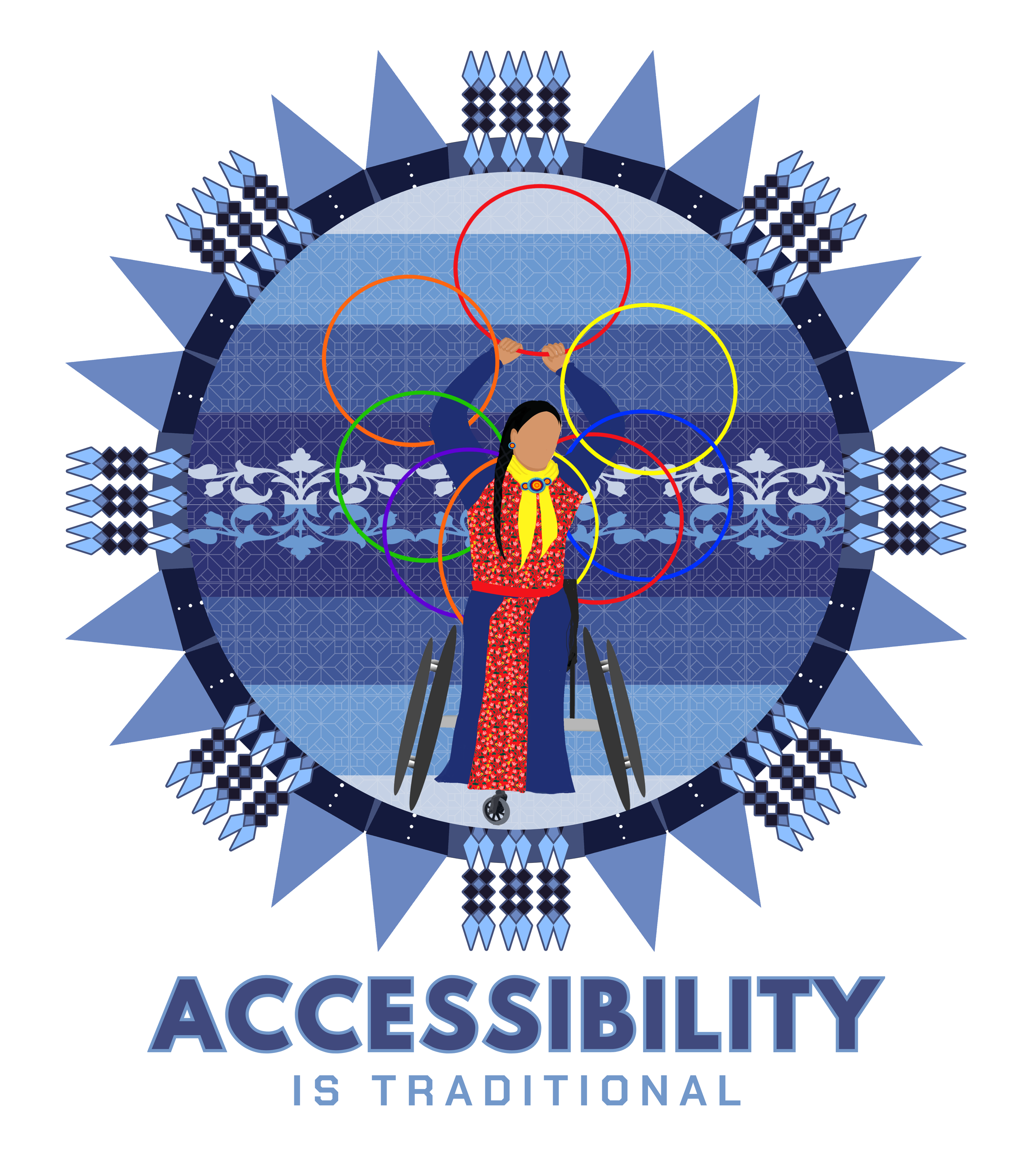 Digital art on a white background featuring a Native woman hoop dancing in a wheelchair against a circular geometric design in various shades of blue with white text that reads, "Accessibility is Traditional."