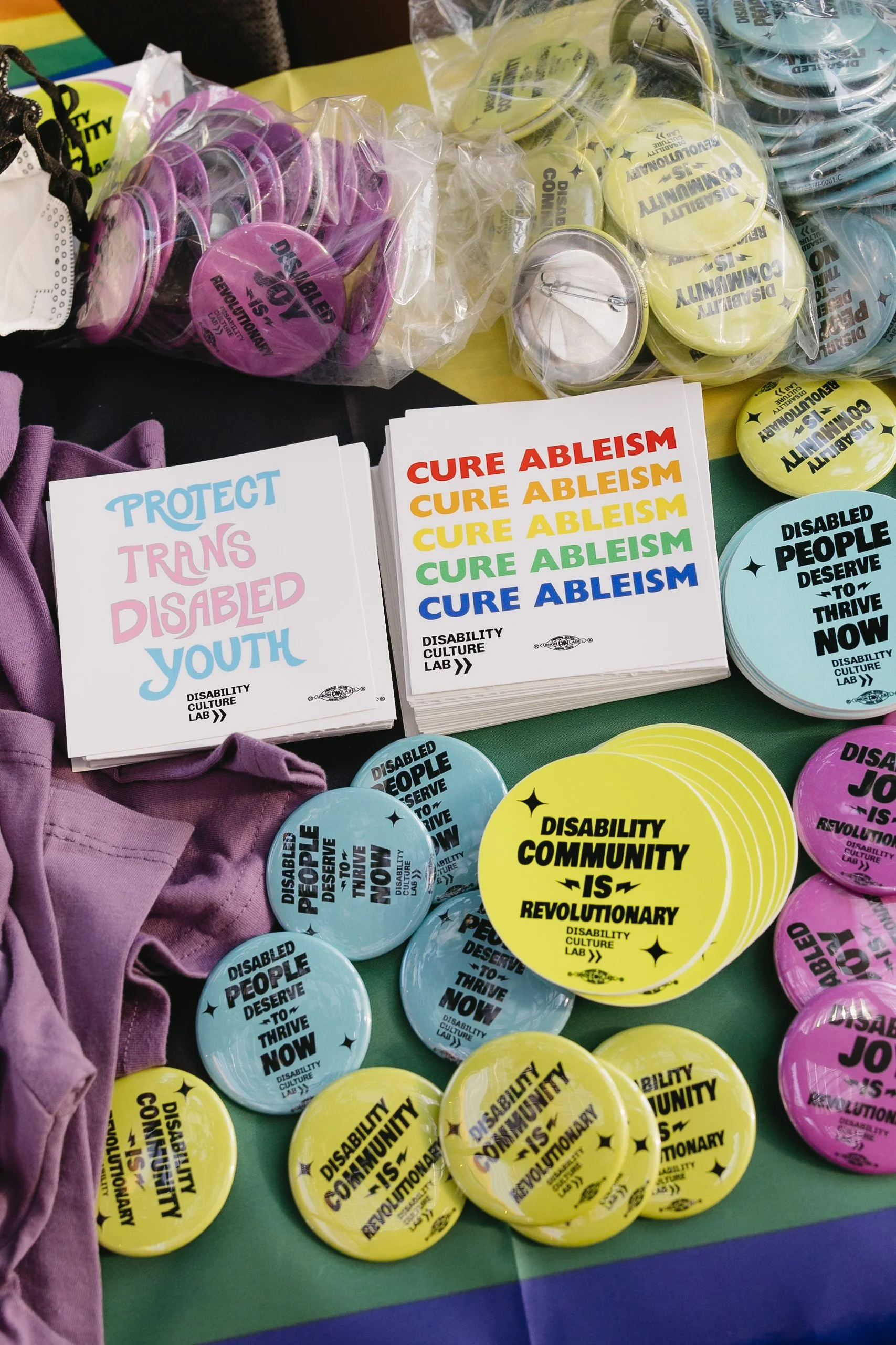 A table displays colorful buttons and stickers with messages like “Protect Trans Disabled Youth,” “Cure Ableism,” “Disabled People Deserve to Thrive Now,” and “Disability Community Is Revolutionary.”