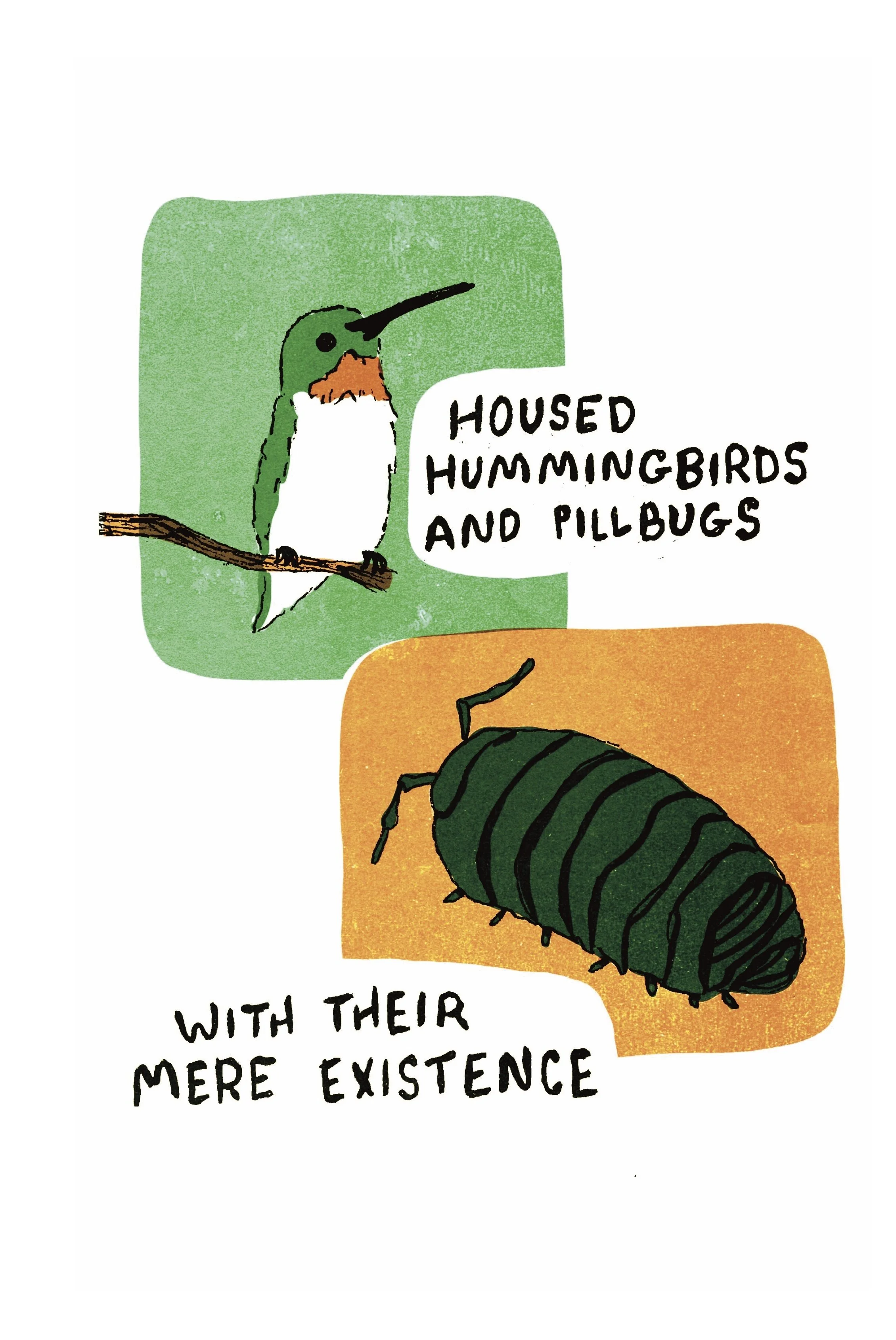  Two illustrations overlap. One of a hummingbird perched on a branch and one of a pill bug against amber. Text reads “Housed hummingbirds and pillbug with their mere existence.” 