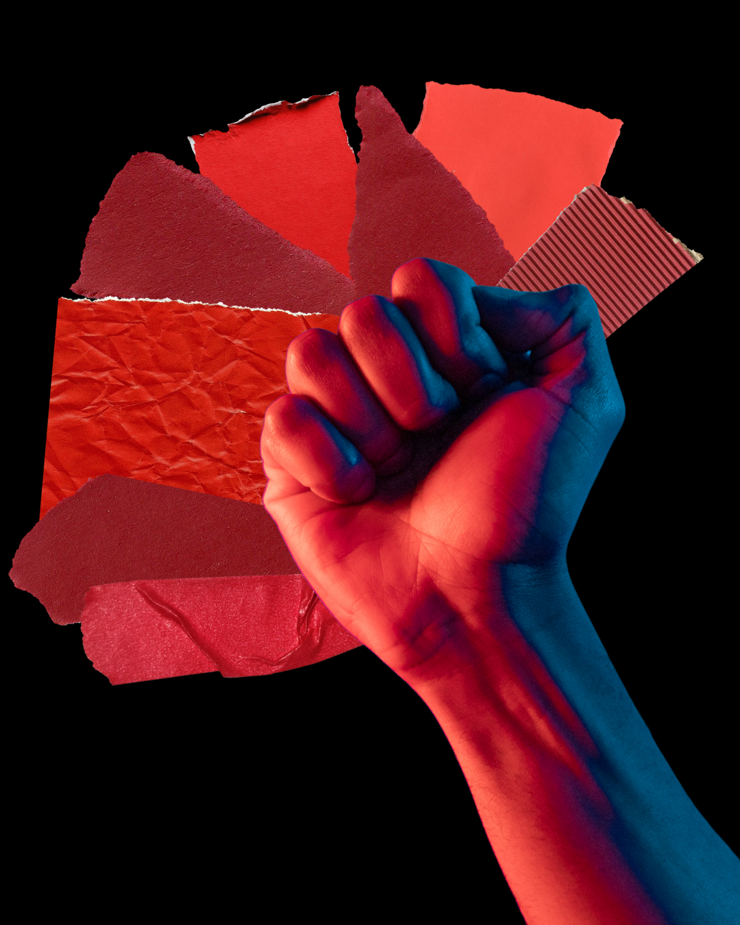 Mixed media collage features red-tinted arm and fist over layered scraps of paper in varying shades of red, all on a black background.
