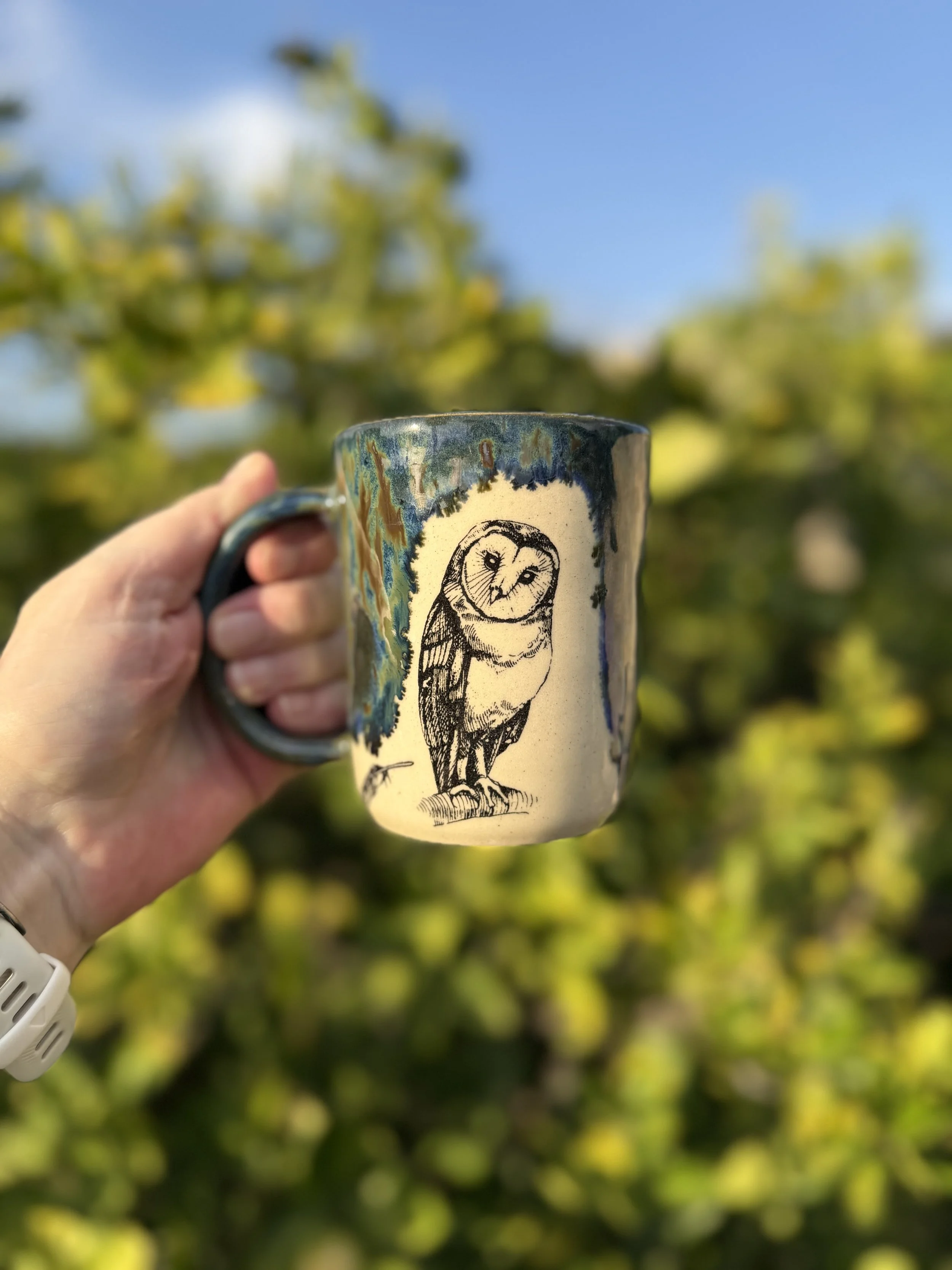Owl Mug in blues and greens