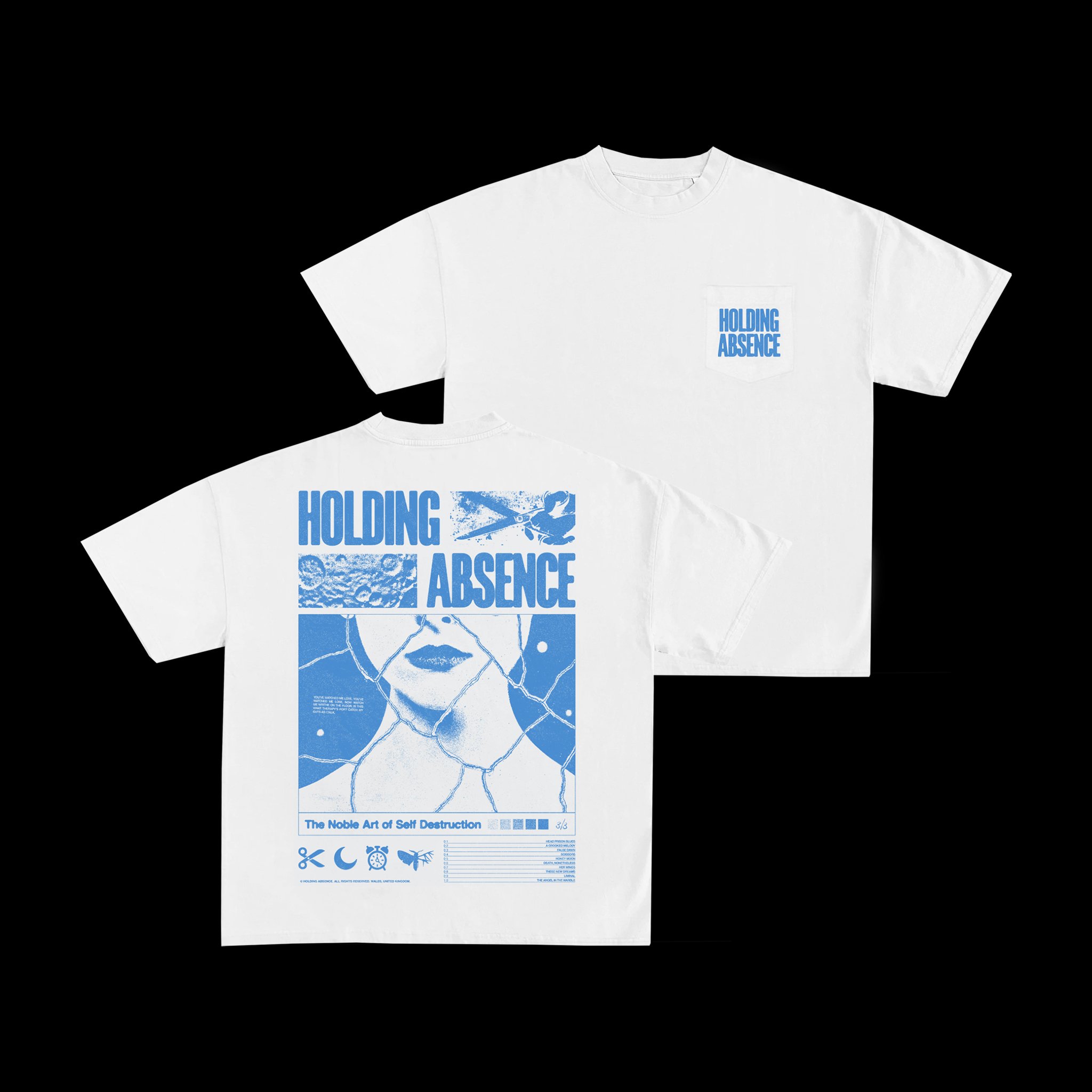 THE NOBLE ART OF SELF DESTRUCTION / @holdingabsence 

Simple pocket tee design for new client Holding Absence available on their US tour. There is something about blue print on a crisp white garment that just gets me. 💙

For project inquiries, pleas