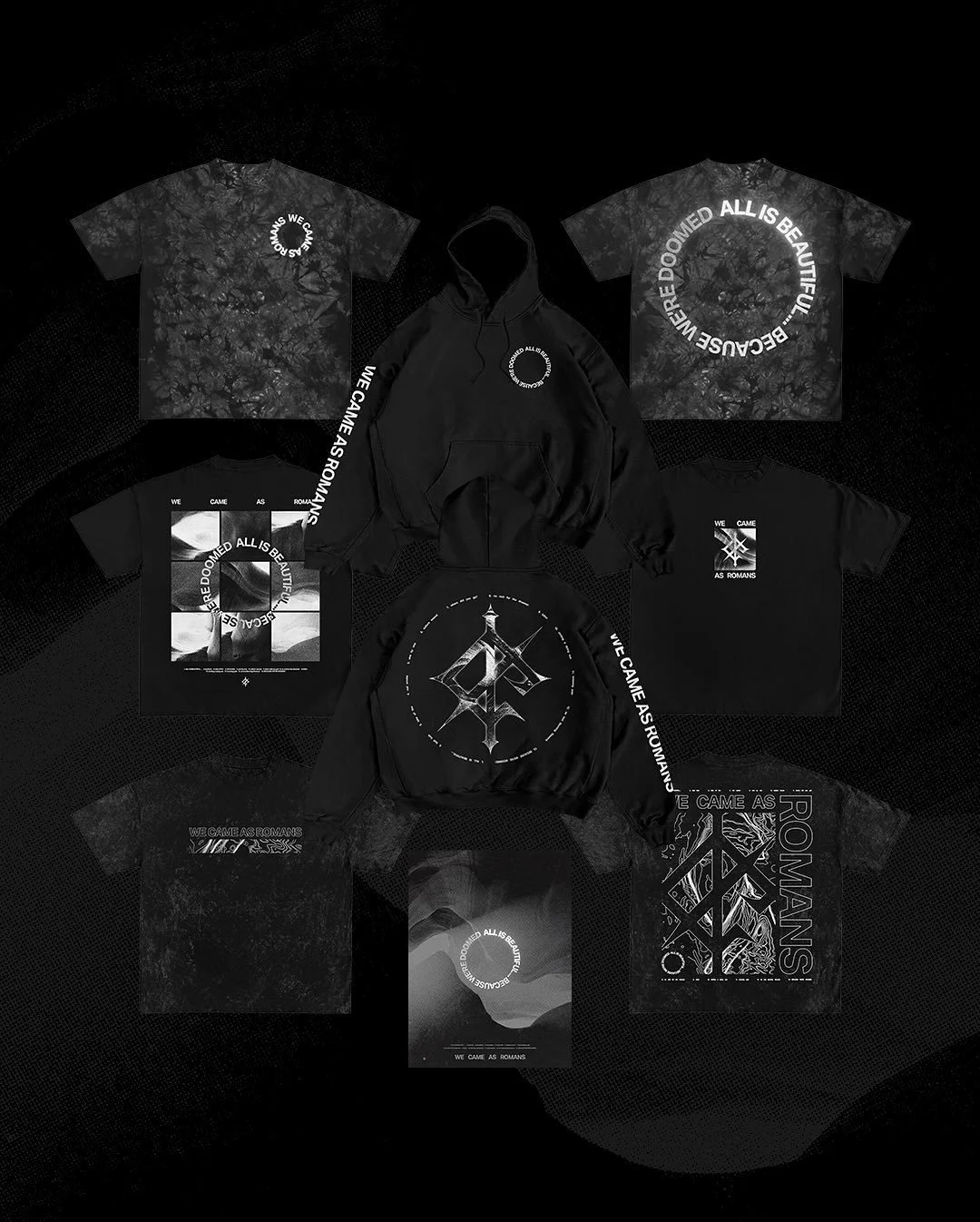 @wecameasromans just announced their new album, All Is Beautiful&hellip; Because We&rsquo;re Doomed, and I was fortunate enough to design the full capsule collection for the preorder. We went with a fully monochromatic line (my fav) to create a clean