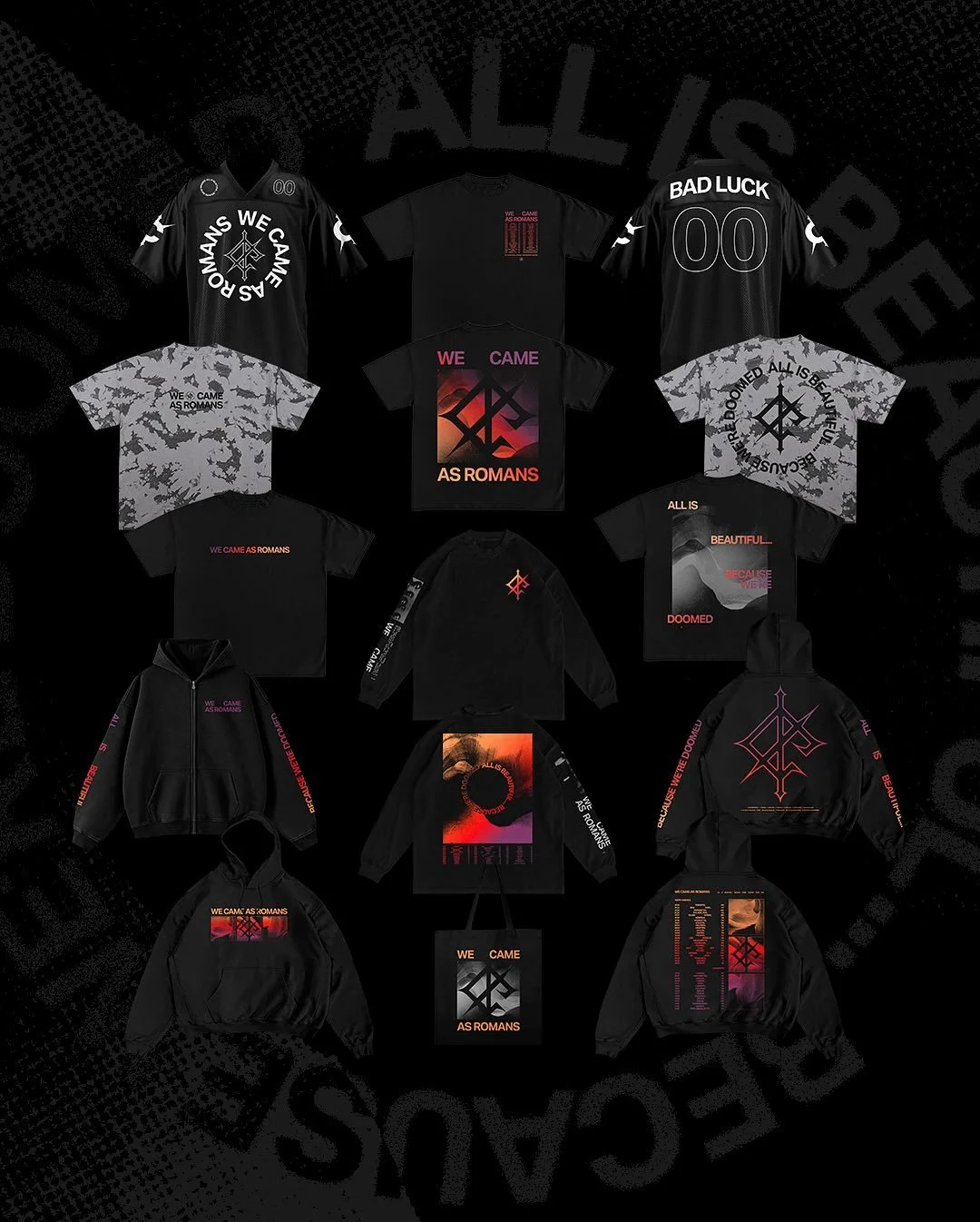 Not only did I design the preorder merch for @wecameasromans&rsquo;s new album, but I also had a hand in creating the full collection for their #badluck world tour. While the preorder line leaned into a stark monochromatic palette, the tour merch bur