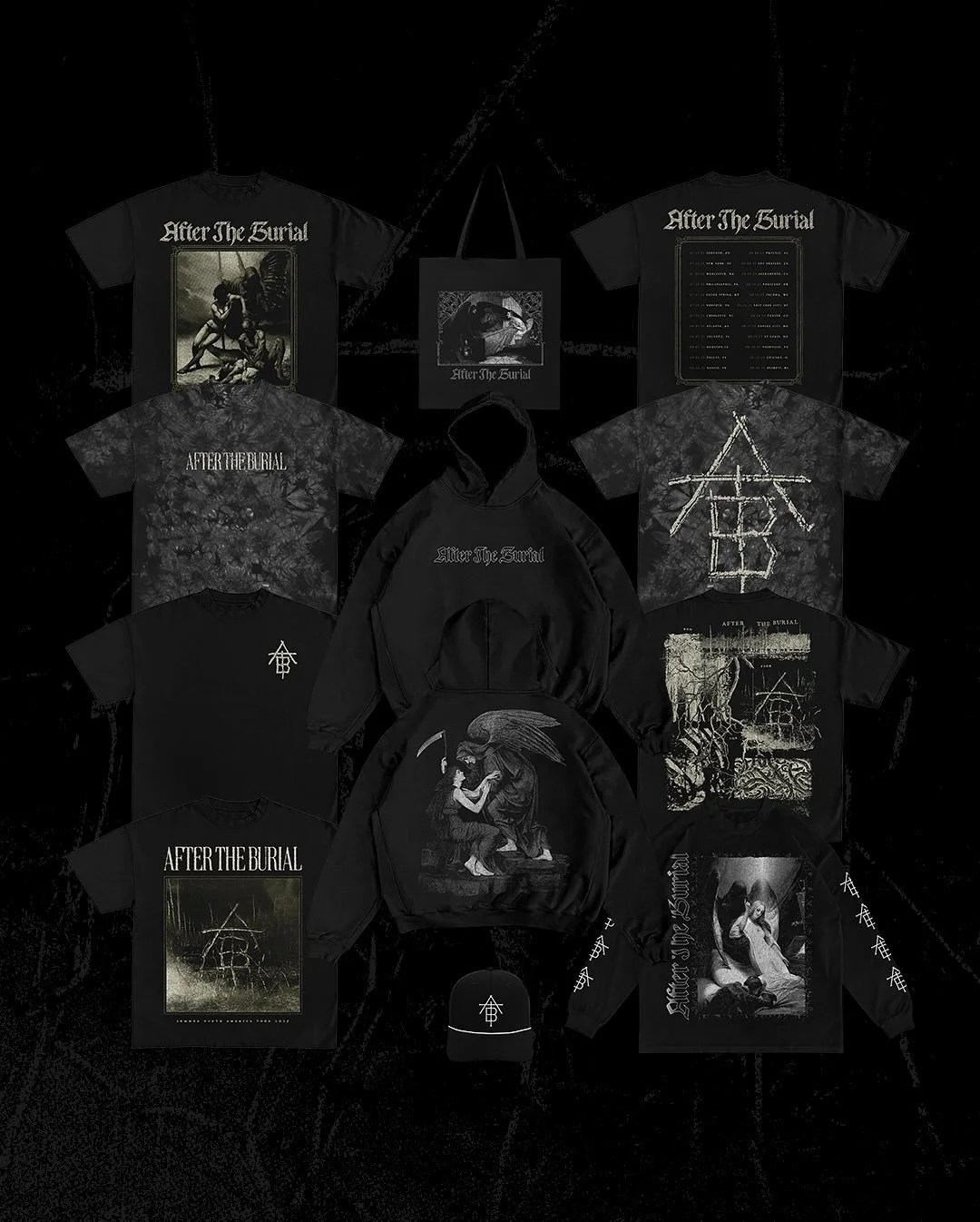 Here&rsquo;s the full @aftertheburial collection I designed for their current tour. We blended death angel imagery with subtle nods to their latest single, #humfromthehollow. It&rsquo;s been so exciting to see the ATB monogram I created back in 2019 