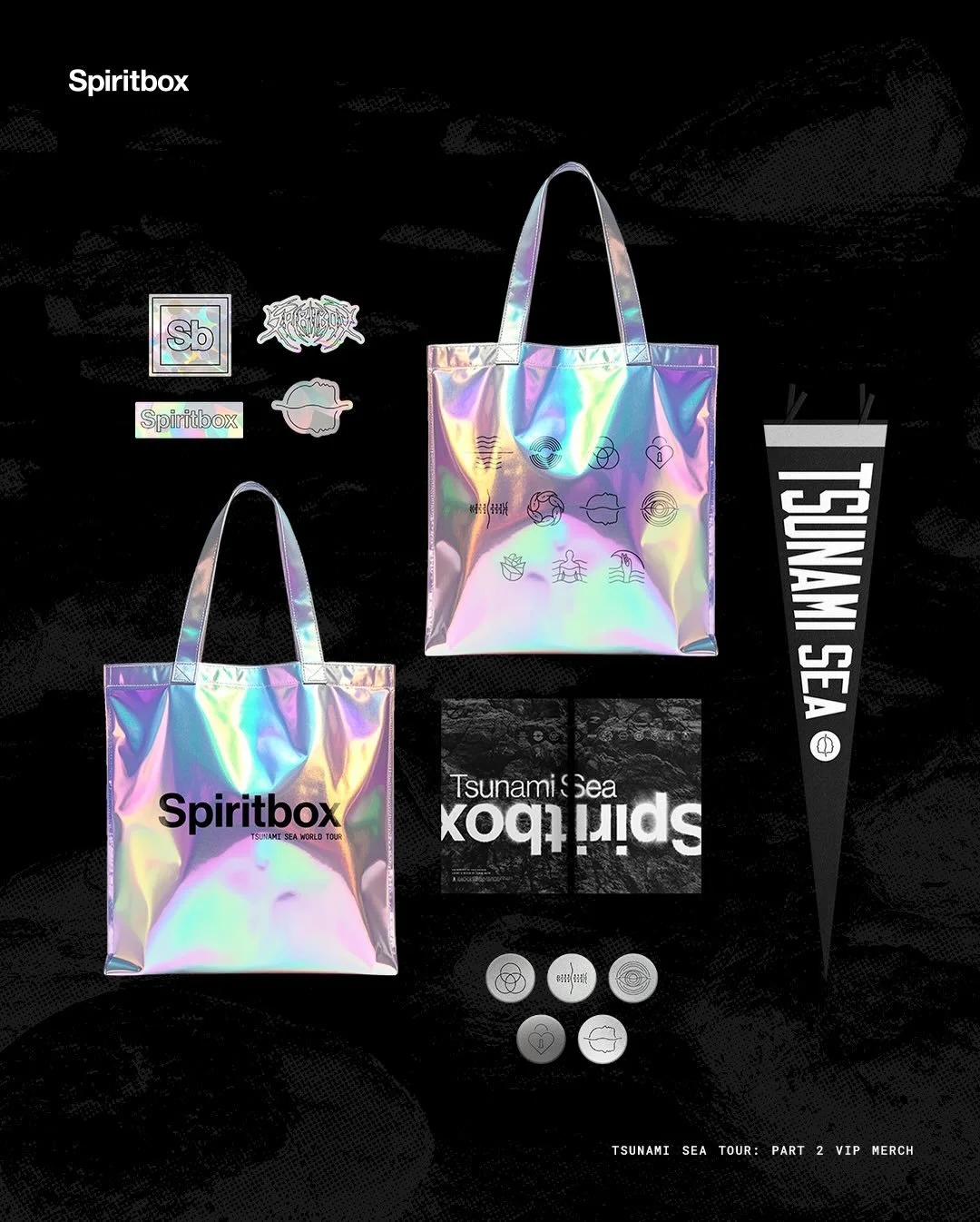 Continuing my work from the tour collection, I also designed @spiritboxmusic&rsquo;s full set of VIP-exclusive merch including an iridescent tote bag, a Tsunami Sea pennant flag, a suncatcher decal set, a glittery magnet set, and a handwritten lyric 