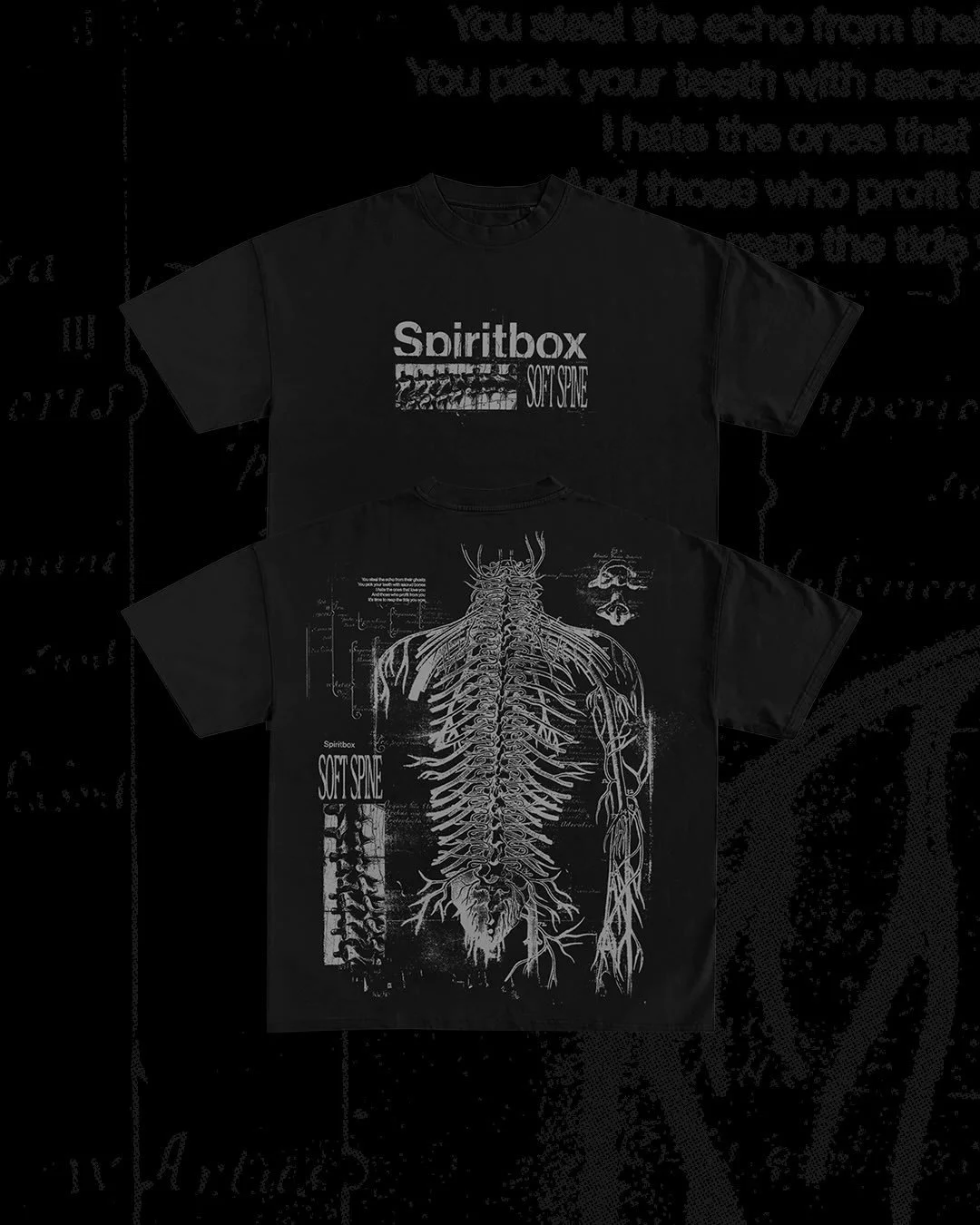 Next up is a gritty experimental piece for @spiritboxmusic&rsquo;s Grammy-nominated track, Soft Spine. I really leaned into vintage medical diagrams here and I love how it came out. This tee was available exclusively on their South America tour with 