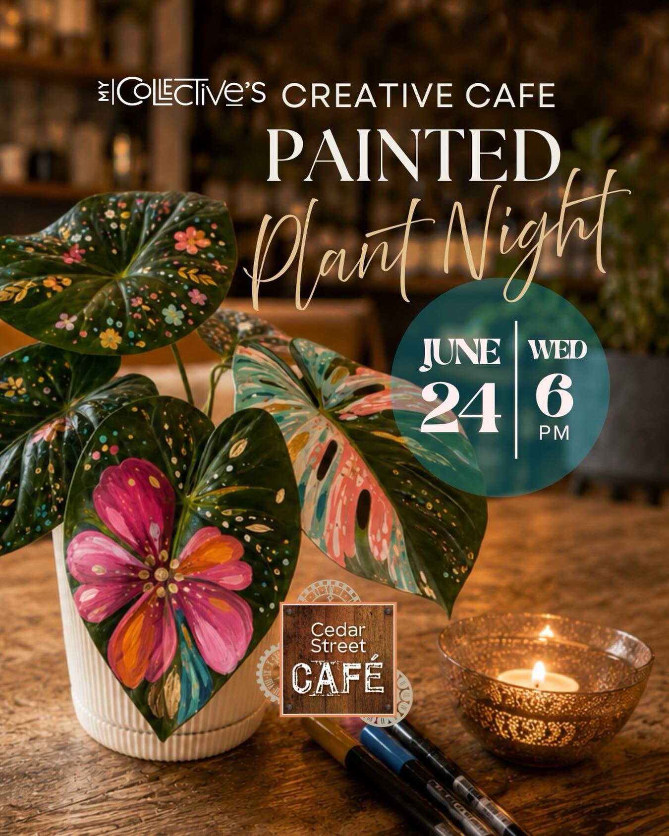 I&rsquo;m so excited to bring some creative energy to Cedar Street Caf&eacute;! 🌿🎨✨
Join us for Creative Caf&eacute;: Painted Plant Night ! A relaxed, feel-good night out where we&rsquo;ll sip, paint, play, and turn faux botanical plants into colo