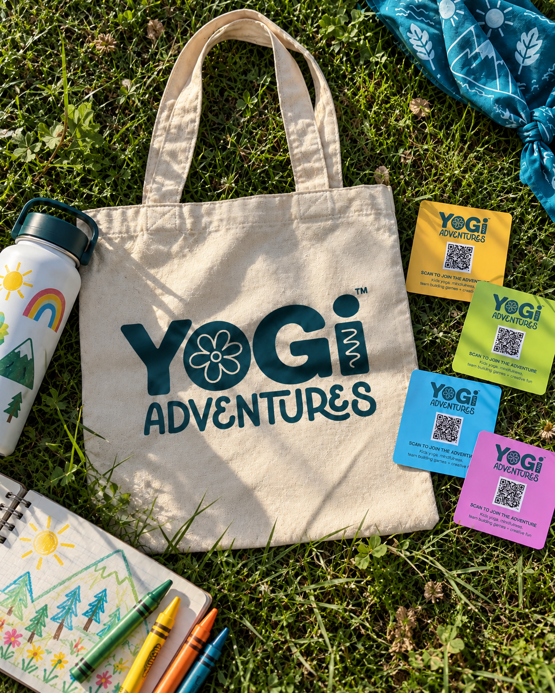 BRANDED MERCH + TAKEAWAYS
Custom tote bag and colorful QR cards designed to extend the Yogi Adventures brand beyond the event.