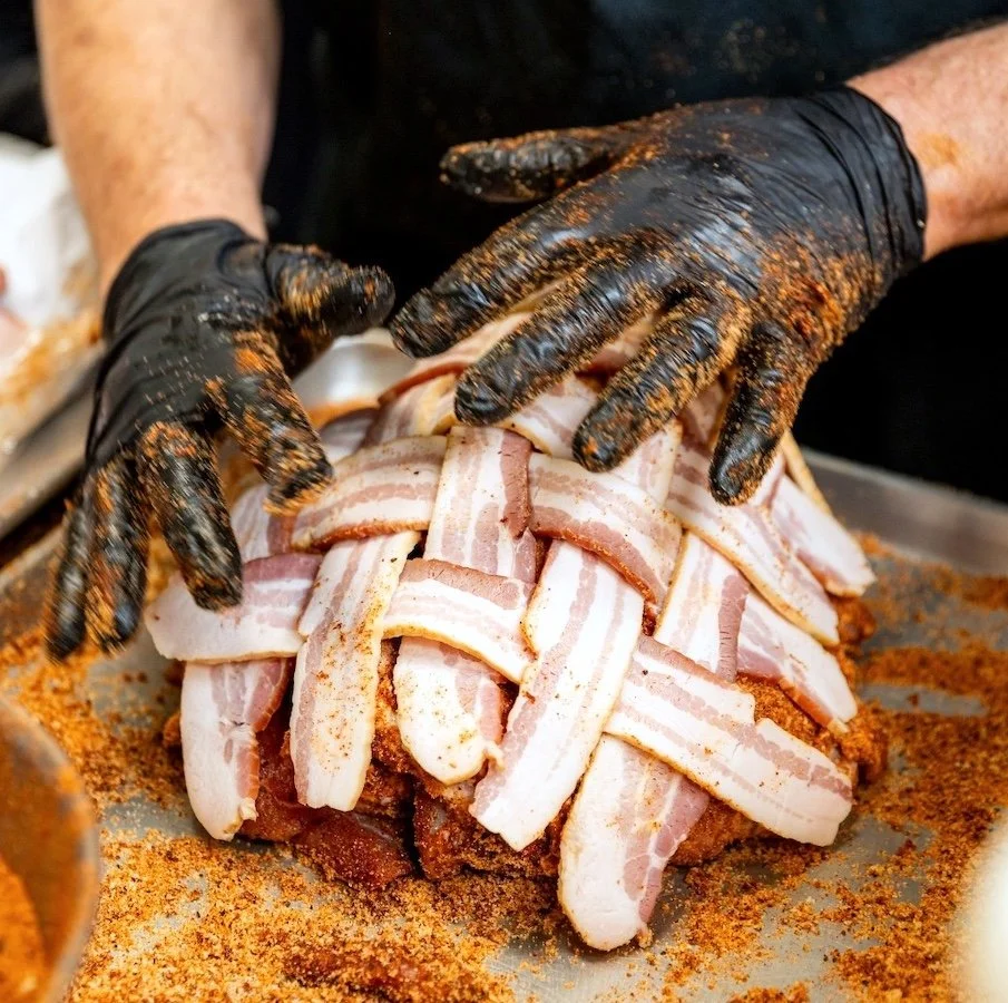 Preparing our Bacon-Wrapped Ham