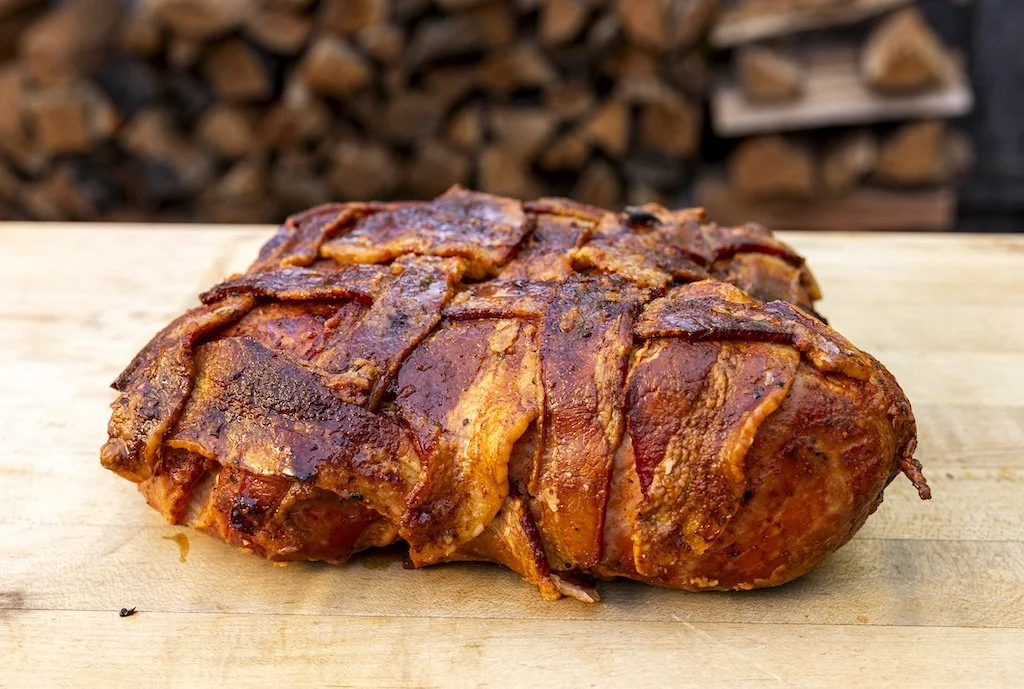 Slow Roasted, Smoked Bacon-Wrapped Ham