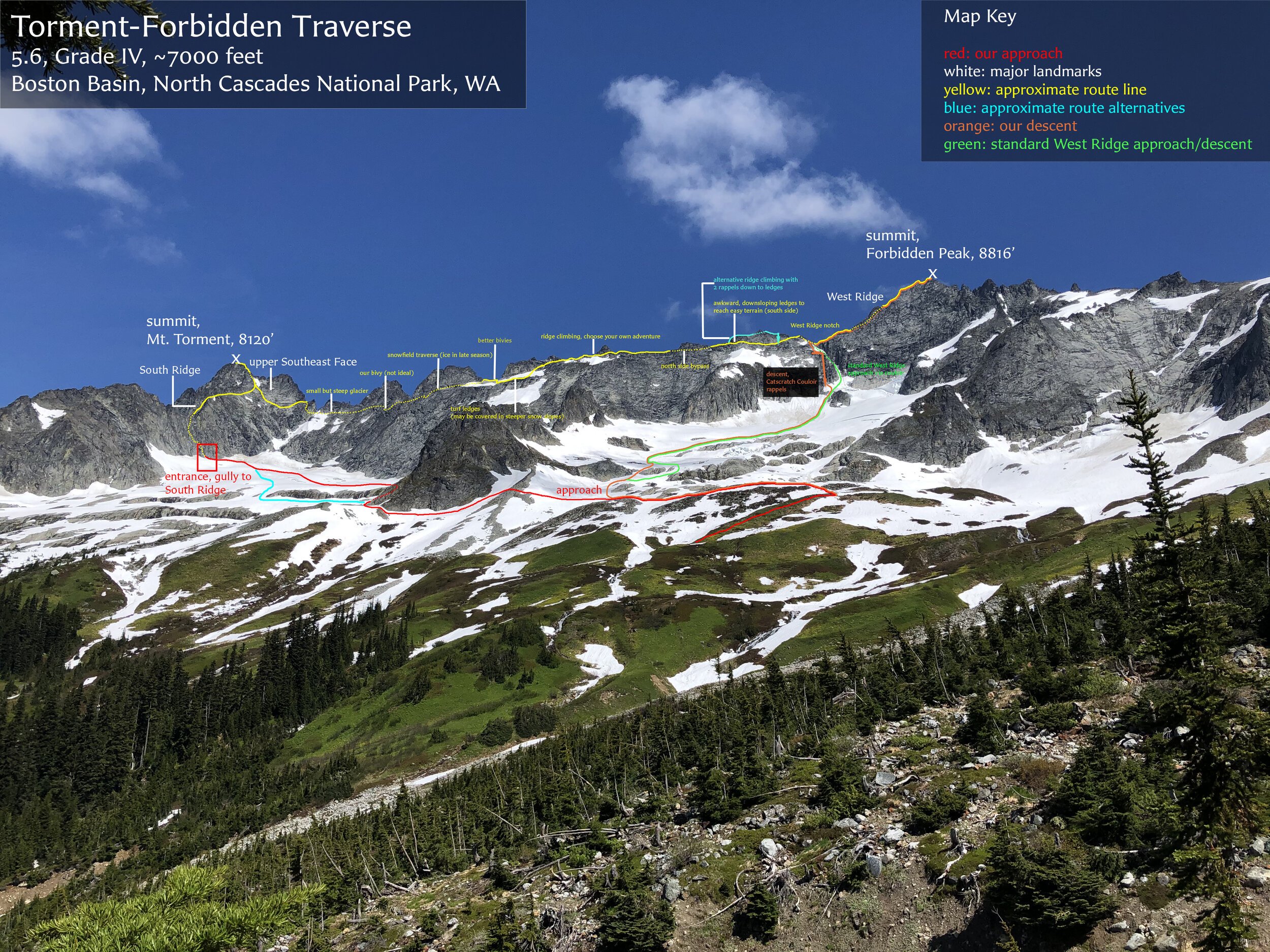 The route in its entirety viewed from the approach trail to Boston Basin.