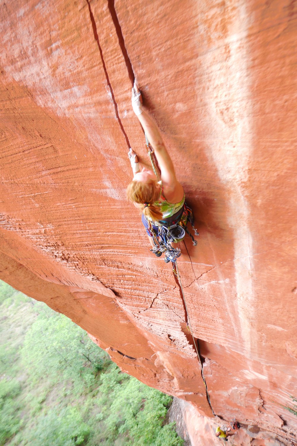 Ana Pautler climbs pitch 2 (5.11+) of the Liming classic "The Great Firewall" in Yunnan, China.
