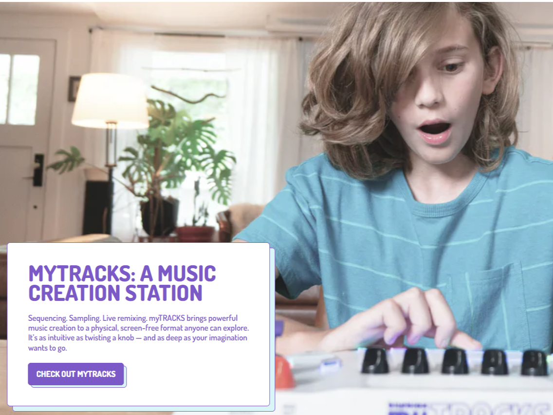 A screenshot from the Blipblox website shows a child playing with a Blipblox MyTRACKS. A text box reads MYTRACKS: A MUSIC CREATION STATION.