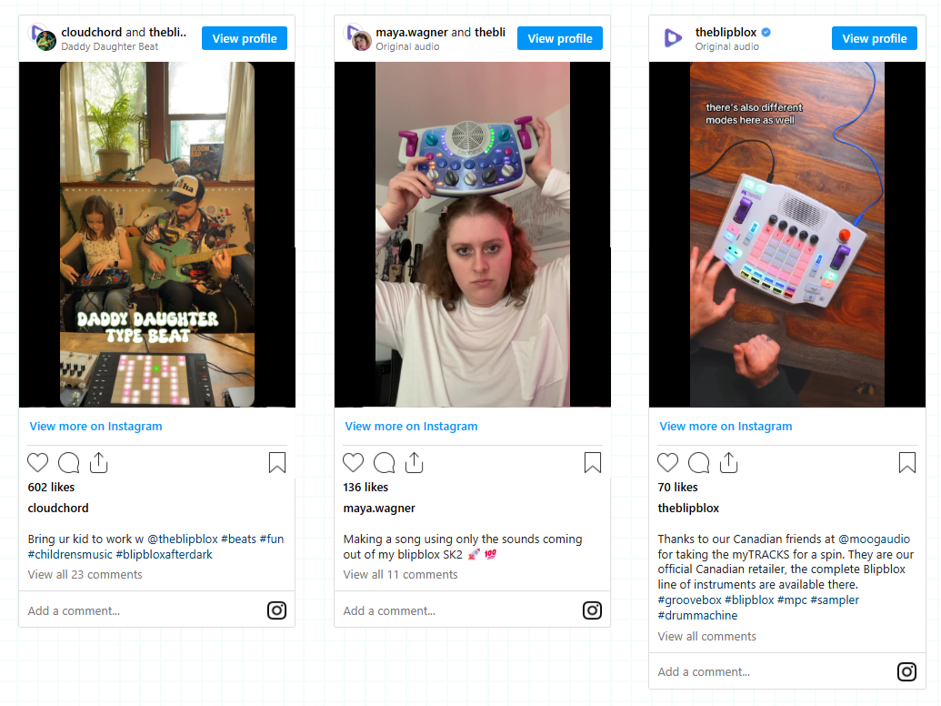 A series of instagram posts shows social creators playing with Blipblox instruments.