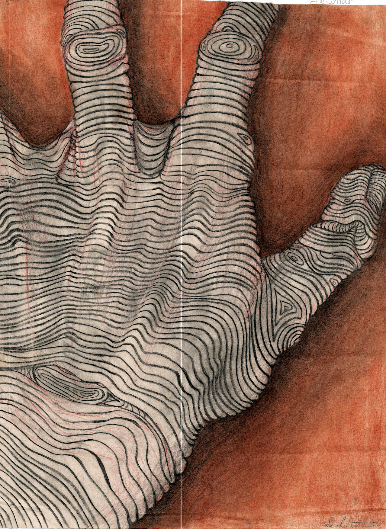 A drawing of a human hand with contour lines highlighted in black, set against a reddish-brown background.