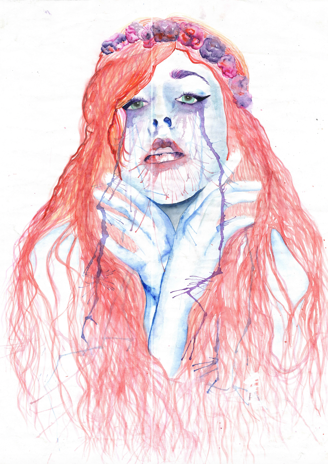 Watercolor painting of a woman with long red hair, green eyes, tears on her face, and a floral crown, with a somber expression and hands gently touching her face.