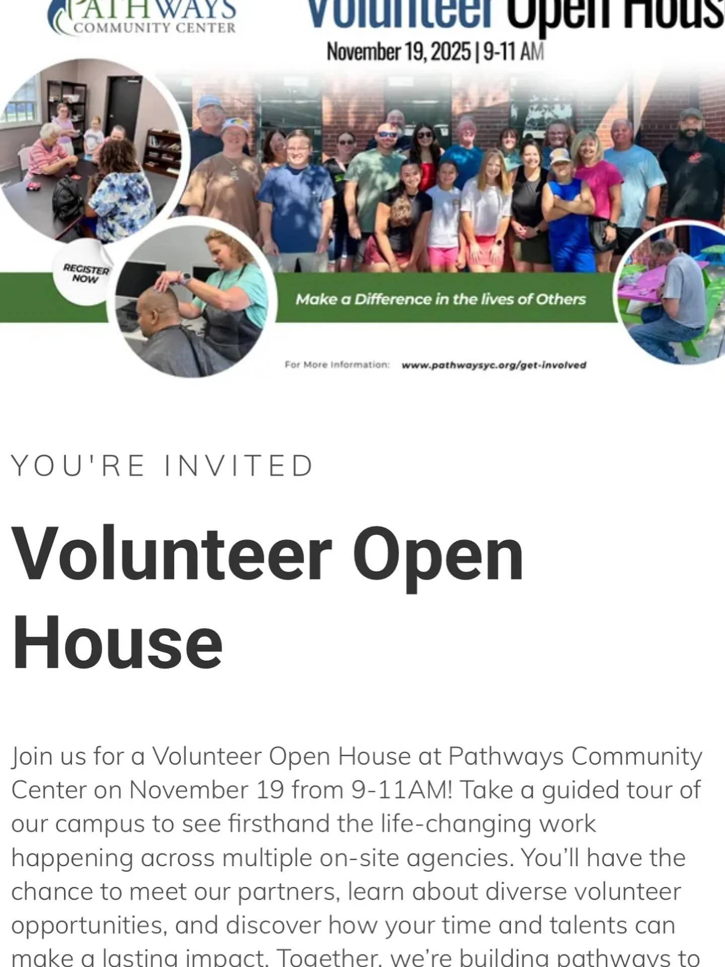 Mark your calendars! 11/19 9am-11am…Pathways Community Center is hosting a volunteer open house!
https://forms.gle/KA7RiCkYZx2QxcoPA
