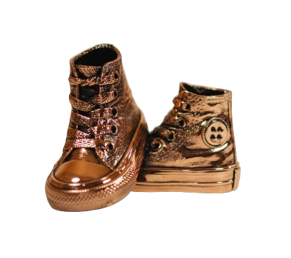 Pair of shiny metallic bronze children's sneakers, with one showing the front and the other the side view with a button detail.