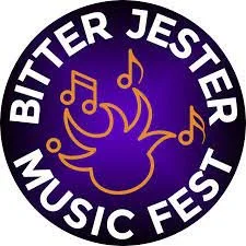 Logo for Bitter Jester Music Fest featuring a stylized bird with musical notes above it, in purple and orange colors.