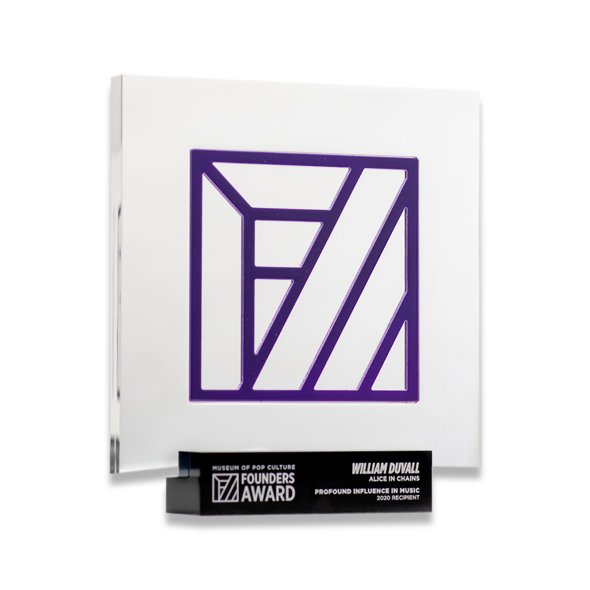 A white award trophy with a purple geometric logo on it, and a label at the bottom reading 'William Duvall, Alice in Chains, Profound Influence in Music, 2020 Recipient'.