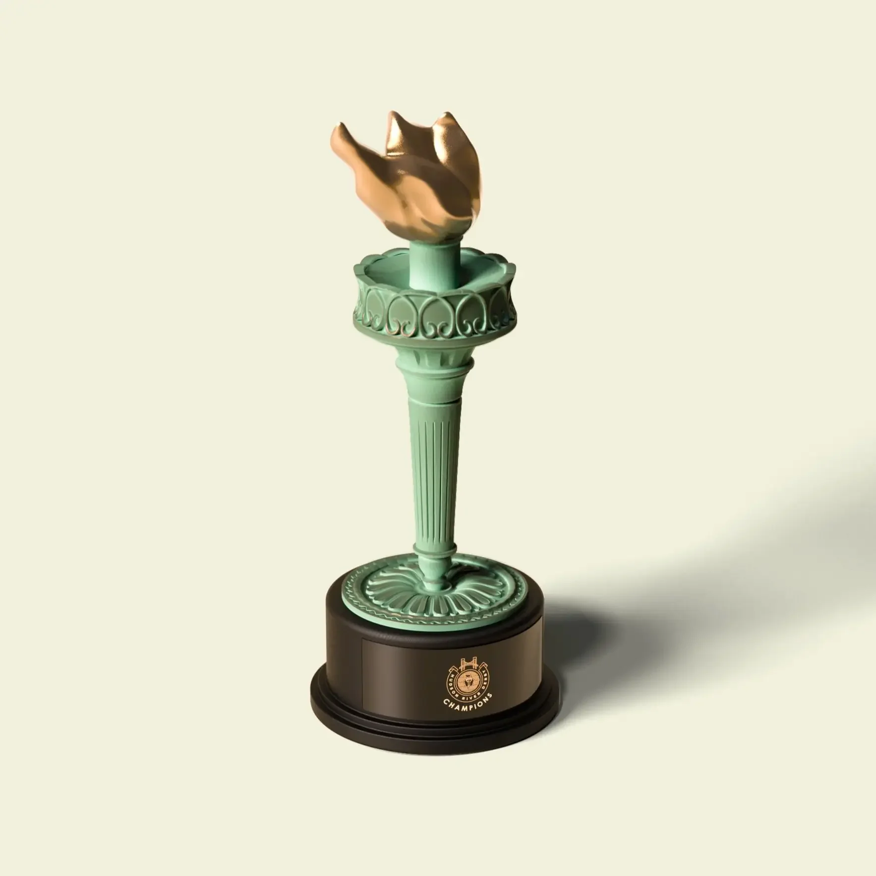 Custom liberty torch sculpture award, cast in bronze adorned in two distinct patinas for the New York City Football Club and the New York Red Bulls and their Hudson River Derby Championship, by Bennett Awards