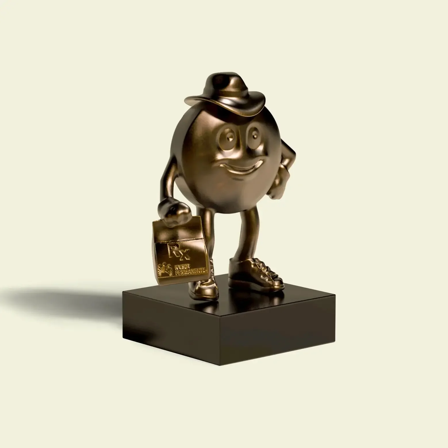 Custom Mr. Pill corporate award, cast in bronze and painted gold, for Kaiser Permanente, by Bennet Awards