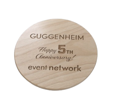 Wooden plaque commemorating the 5th anniversary of an event network for GUGGENHEIM.