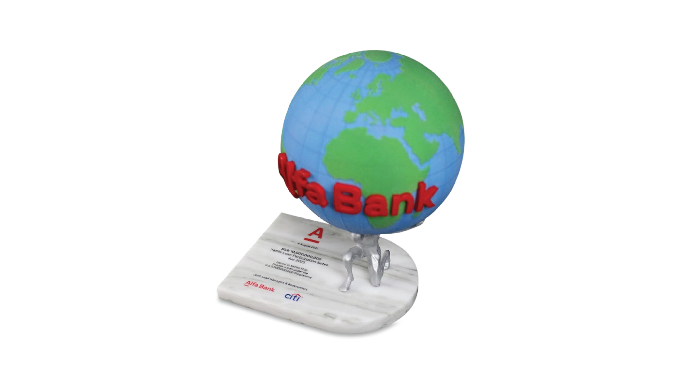 Alfa Bank custom financial tombstone deal toy by Bennett Awards -a vibrant globe, supported by sleek metallic arms rising from a marble base commemorative for when Alfa Bank issued RUB 10 billion in loan participation notes