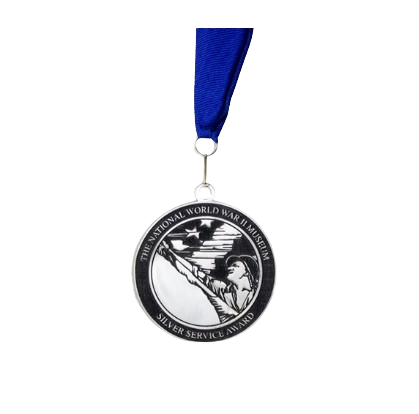 Silver medal with a figure of a soldier aiming a rifle, inscribed with 'The-National-World-War-II-Memorial' and 'Silver Service Award,' hanging from a blue ribbon.