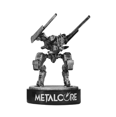 A mechanical robot resembling a quadruped with two large cannon-like weapons on its back, standing on a round base labeled 'METALCORE'.
