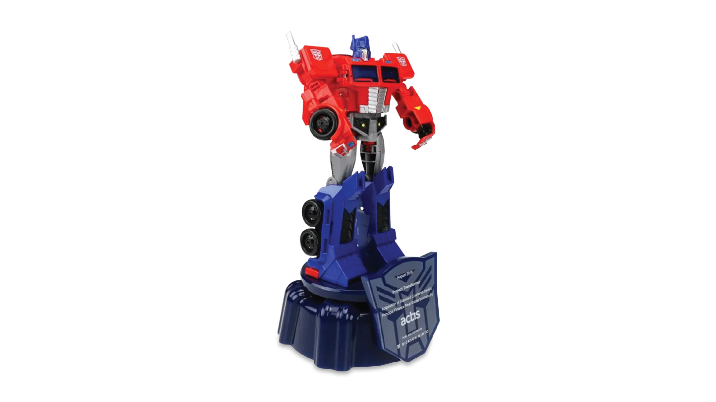 Standard Chartered Bank custom financial tombstone deal toy by Bennett Awards - sculpted Transformer commemorative for acquisition of Strategic Finance Bank.