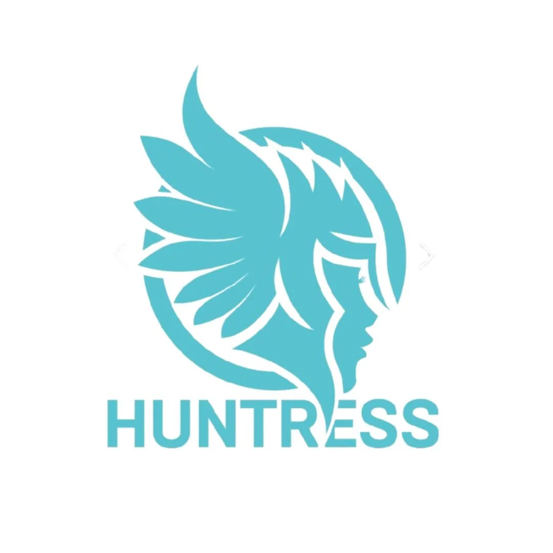 Blue logo of a woman's profile with feathered hair, encircled, with the word 'HUNTRESS' beneath.