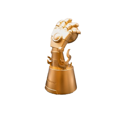 A robotic hand with a mechanical and gold-colored appearance, positioned upright against a plain black background.