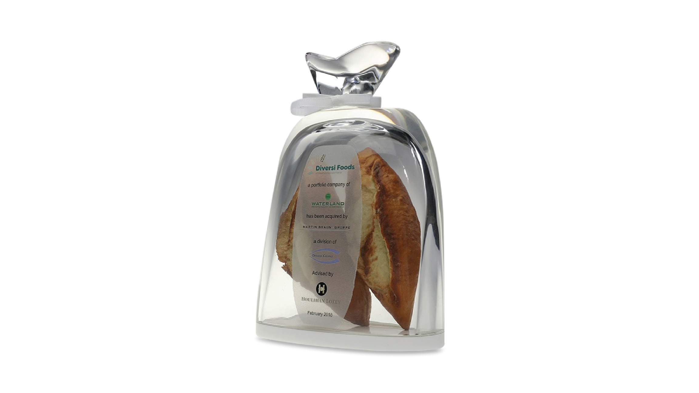 Diversi Foods custom financial tombstone deal toy by Bennett Awards - crystal-clear dome encapsulating artisan bread, commemorative for the company's acquisition by the Martin Braun Gruppe