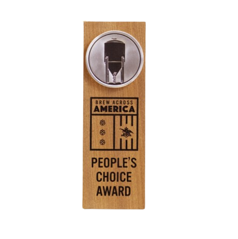 A wooden beer tap handle with a circular top showing a pull tab and a black and orange label that reads "Brew Across America" and "People's Choice Award," featuring a beer mug icon, a star, and vertical bars.